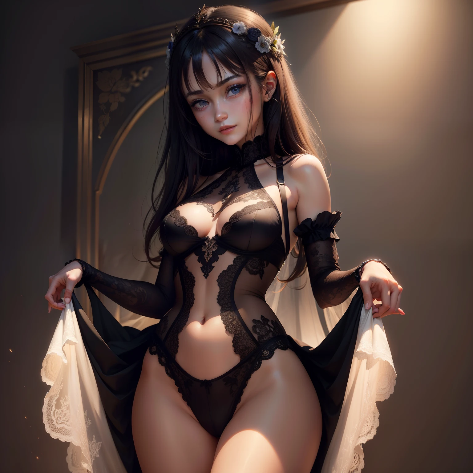 (Ultra Realistic), (Illustration), (High Resolution), (8K), (Very Detailed), (Best Illustration), (Beautiful and Delicate Eyes), (Best Quality), (Very Detailed), (Masterpiece), ( wallpaper), (Detailed Face), Solo, 1 Girl, Looking at Viewer, Fine Detail, Detail Face, In the Dark, Deep Shadows, Low Key, pureerosfaceace_v1, Smiling, Bust, Transparent Underwear, Cametoe , Long Legs, Thin Waist, Buttocks, Ultra-Fine Makeup, Ultra-Fine Clothing Material,