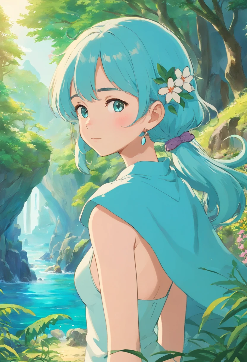 uma menina usando um colar de anime, um colar longo e brincos, no estilo de paisagens de jardim tranquilas, animated color photos, Masami Teraoka, aquamarine, Paulo Gauguin, Estilo Embry, retrato honesto, sbikini, sexy