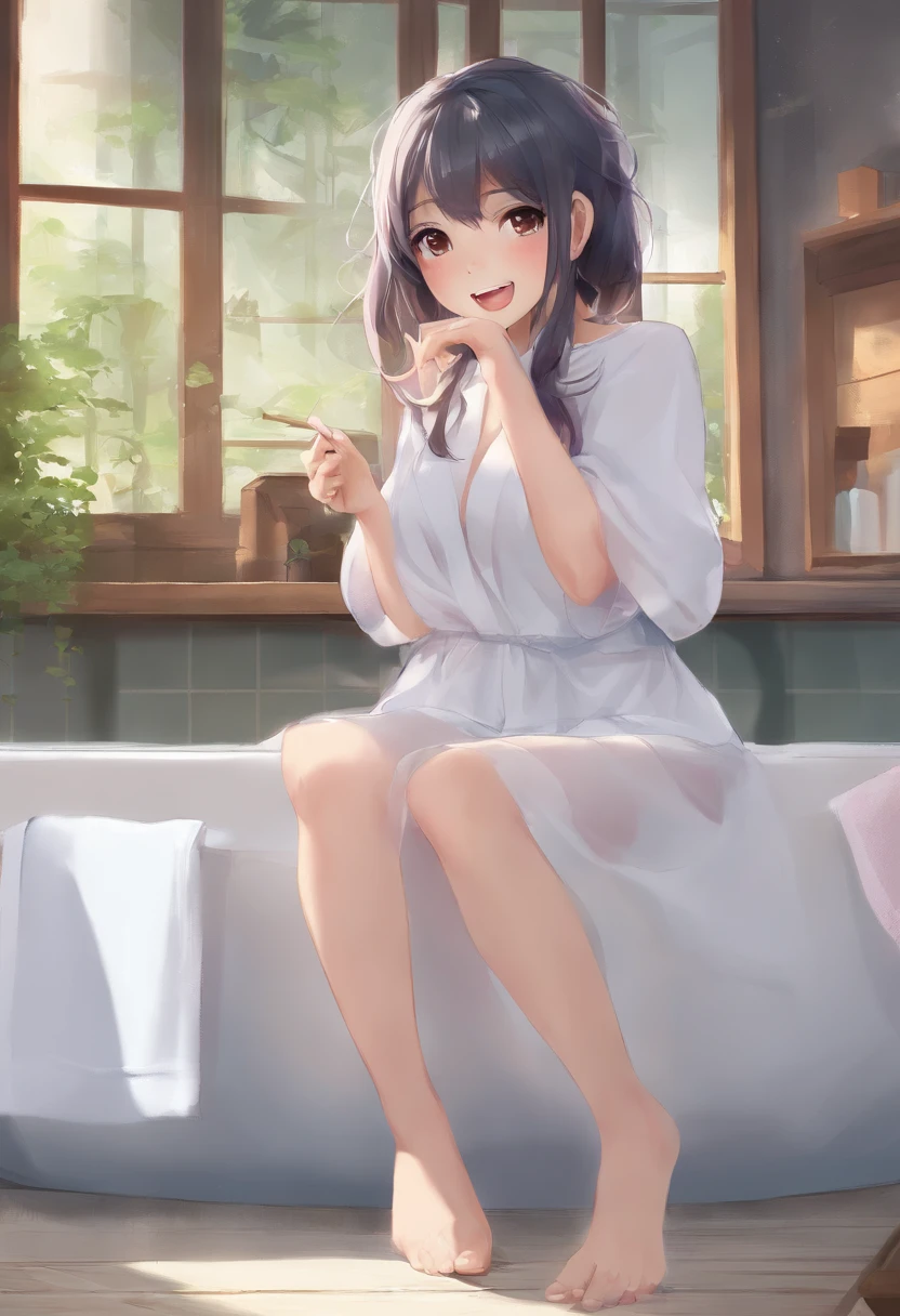 Smiling girl in cypress tub, Boldly open your legs、Lie face down in the bathtub buttocks visible Wistful eyes Glossy colored hair, 20 years old young, Asian Woman, (Realistic:1.3), (Photorealistic:1.3), Ultra-detailed, (highdetailskin:1.2), 8K UHD, Digital SLR, Soft lighting, High quality
