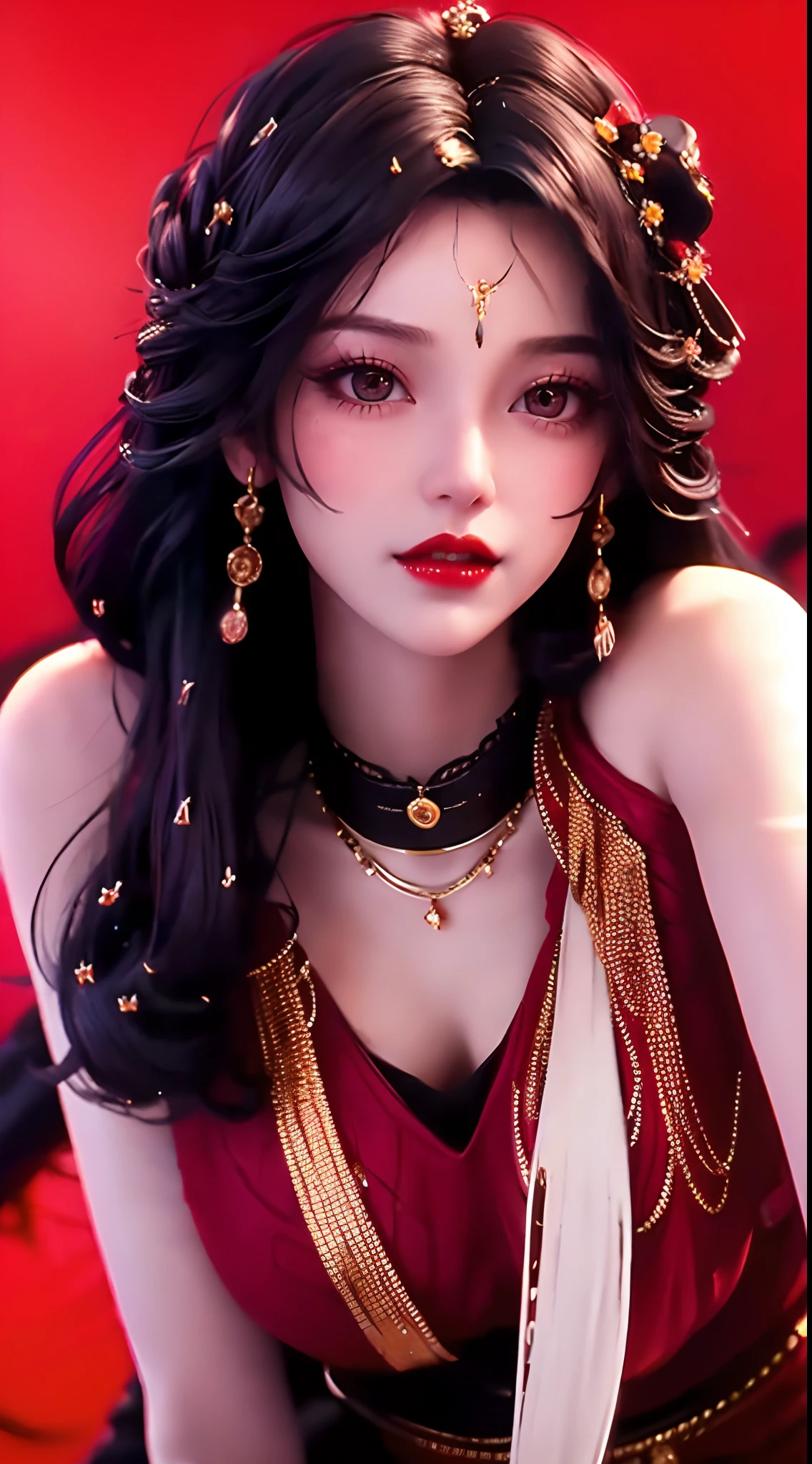 1 beautiful and sexy 20 year old girl, adult, ((wearing super thin red dress:1.6)), diamond dress, ((long purple black hair:1.6)), bangs, elaborate jewelry made of gems and beautiful hair, ((wearing black lace necklace:1.4))), noble style of an extremely beautiful girl, super cute small face, very pretty face, eyebrows sparse, flawless beautiful face, ((black eye pupils: 0.8)), ((very beautiful black eyes: 1.6)), beautiful makeup and detailed hairdo, eyelashes, wet eye makeup , high nose, earrings, red lips, ((closed mouth: 1.5 )) beautiful lips, slim hands, rosy face, clean face, flawless beautiful face, smooth white skin, (big breasts: 1.5)), ((breast augmentation: 1.6)), beautiful cleavage, ( ((big and super round breasts: 1.8))), ((super firm breasts: 1.7)), beautiful breasts, perfect body, (((pose sitting, reclining with arms behind: 1.5))), ((chest out: 1.5)), don't be shy, 8k photo, super high quality, super realistic, super 10x pixels, optical, bright studio, light edge, two-tone light, (high detail skin:1.2), super 8k, soft light, high quality, volumetric light, optical, high optical resolution, light, photo most beautiful, 4k, 8k quality, blur effect, smooth sharpness, 10 x pixels, ((flower red background:1.5)), aurora, lightning, super realistic graphics, most realistic graphics , alone, solo, Extremely sharp, surreal image, (((frontal portrait: 1.4)))."