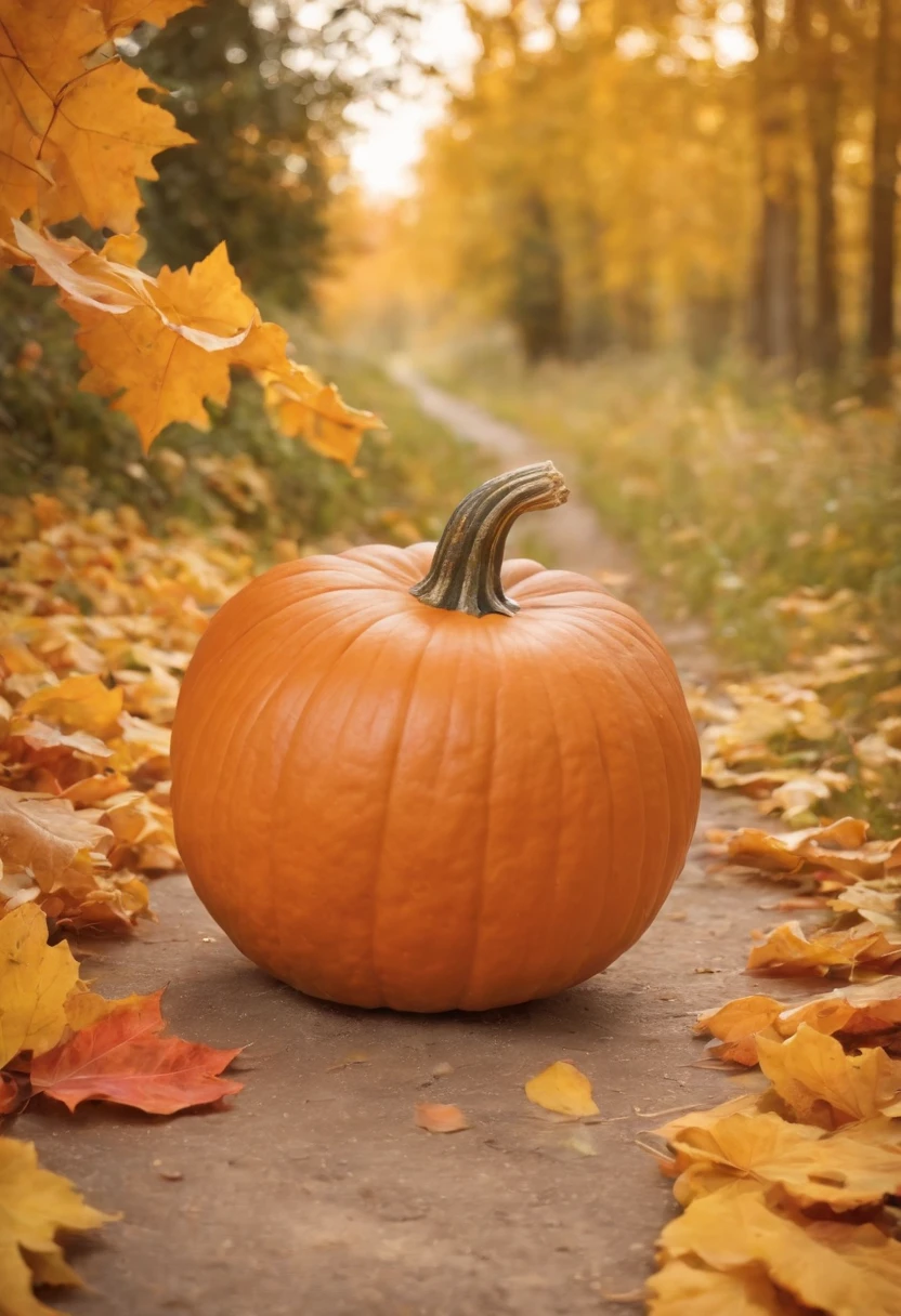 autumn, There is a large pumpkin on the path, a beautiful background, leaves, the trees, Bokeh background
