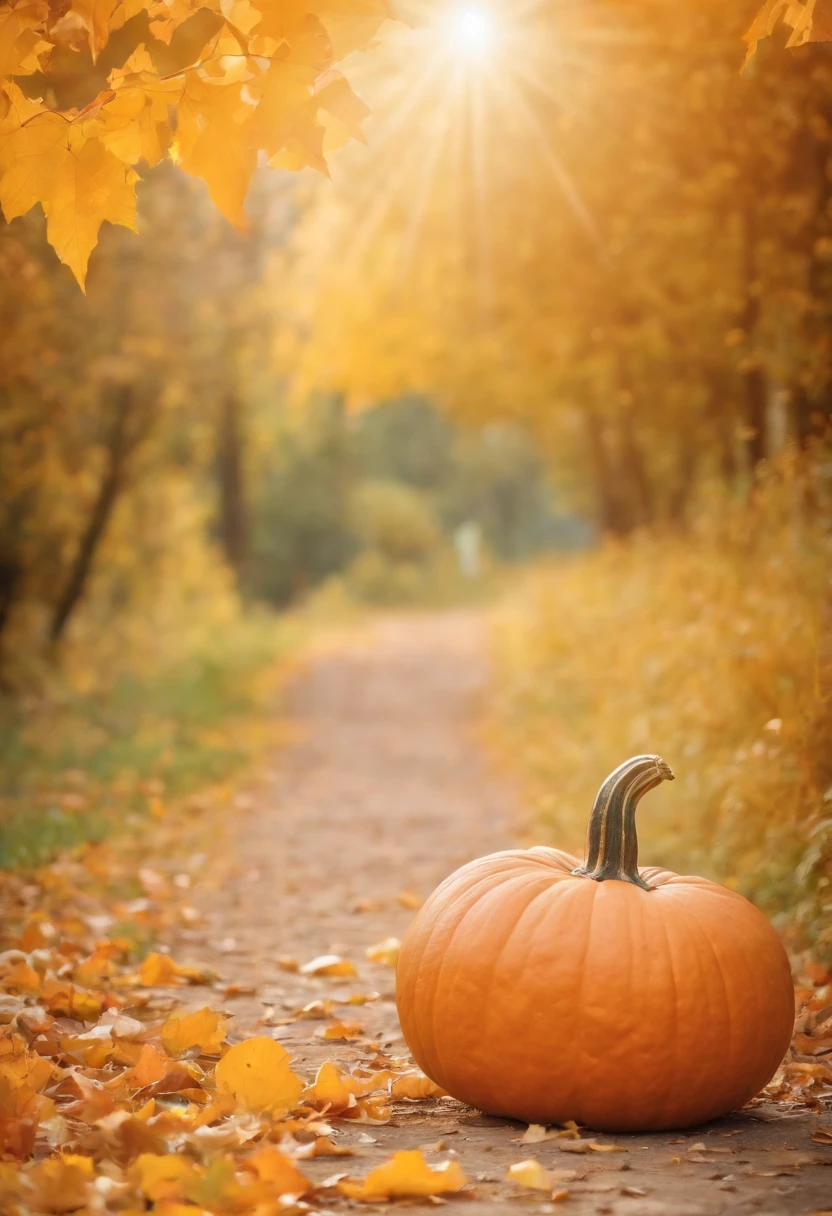 autumn, There is a large pumpkin on the path, a beautiful background, leaves, the trees, Bokeh background