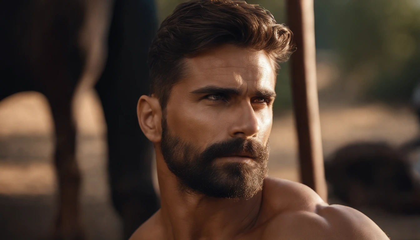 (La mejor calidad,8k,realista),Hombre guapo,con barba abundante,machista,ojos azules,brown hair,good muscles,no camisa