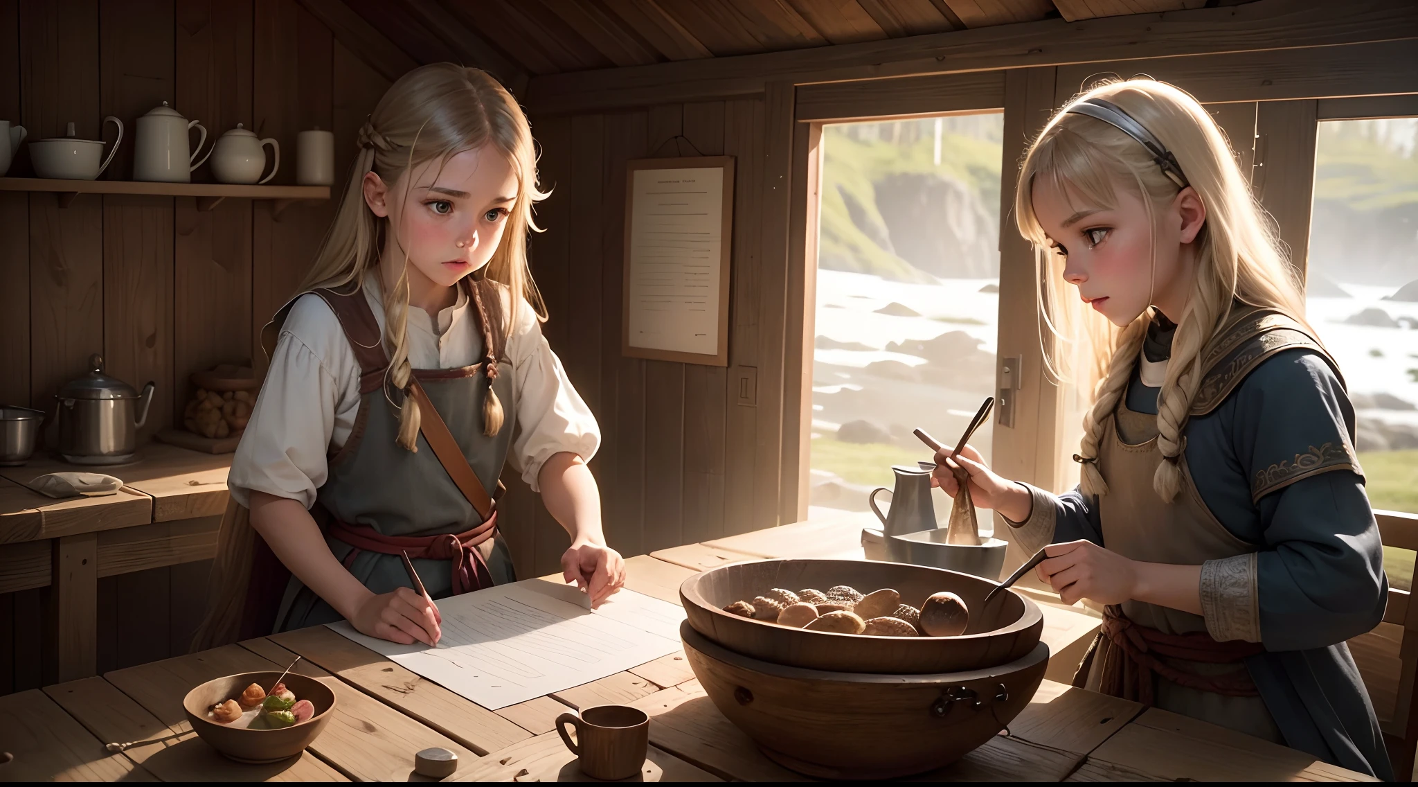 "Por favor, create a high-quality, realistic 8K image that depicts an everyday life scene of a Viking child, por volta do ano 800 d.C. It is located in a traditional Viking settlement, uma cabana de madeira com telhado de palha, situated on the edge of a fjord. The cabin is cozy, com peles de animais nas paredes e um fogo crepitante no centro da sala, emitindo uma luz quente e dourada. The Viking Child, de cerca de 12 anos, veste trajes tradicionais feitos de tecido grosseiro e peles de animais. She is helping her mother in her daily tasks, que incluem arrumar a cabana, pendurar ervas secas no teto, preparar alimentos e tecer roupas. The wooden table is filled with rudimentary kitchenware, como potes de barro, tigelas de madeira, and ingredients like fresh roots and fish. The girl is weaving a piece of clothing on a wooden loom, and the movement of the lines is sharp and detailed. There's a sense of focus and determination on her face as she works. Ao redor dela, vemos a vida viking cotidiana, com armas de ferro penduradas na parede, Shelves with household items, like wooden plates and handmade candles. The soft evening light enters through the cabin's only window, illuminating the dust suspended in the air and creating a magical atmosphere. Behind the girl, podemos vislumbrar a paisagem escandinava com montanhas, florestas e o fiorde ao longe, adding a touch of natural beauty and serenity to the scene. Por favor, Make sure that the image captures all these details with vivid quality and realism, providing an authentic and engaging insight into the life of a young Viking in her daily tasks."