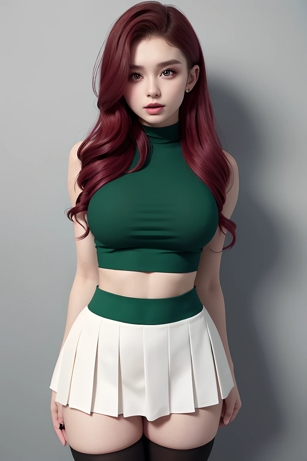 a beautiful 17yo irlandia woman, underboobs crop top, high waist short skirt , thighhighs,