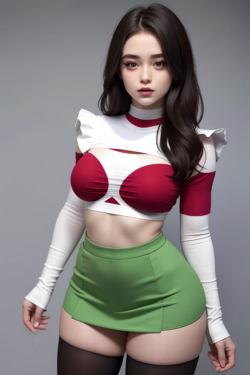 a beautiful 17yo irlandia woman, underboobs crop top, high waist short skirt , thighhighs,