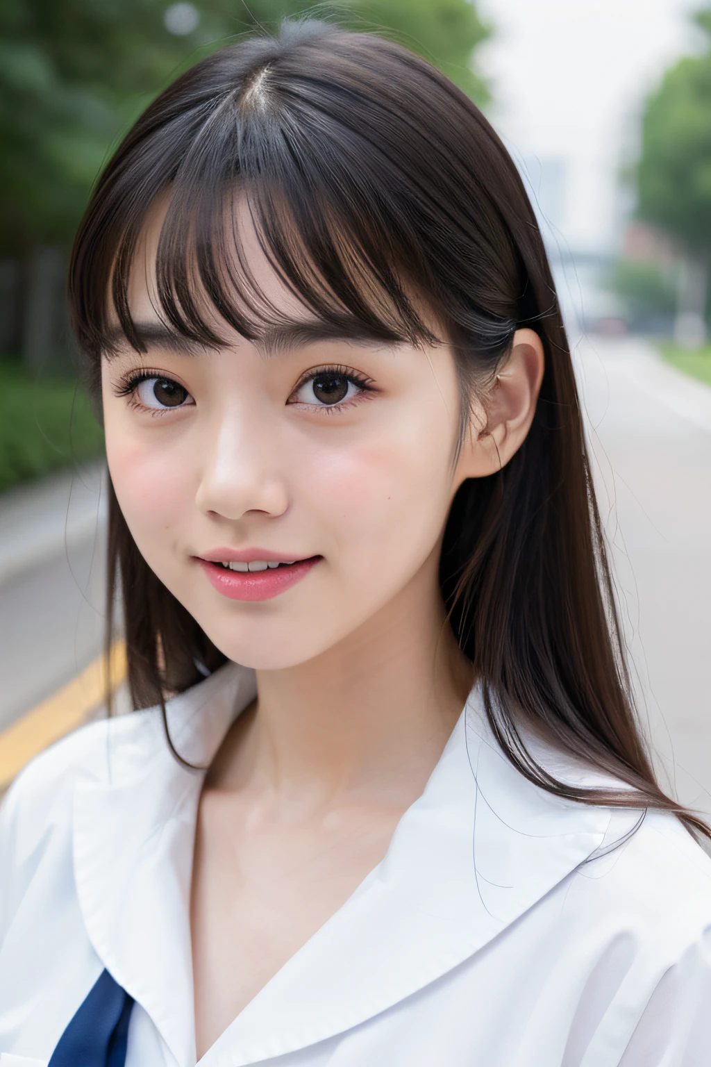 NSFW、 Wearing a sailor suit、8k RAW photo, （（a sailor suit））top-quality, ​masterpiece,kawaii faces、dual、 （（a sailor suit））A smile、kawaii faces、超A high resolution, film grains, filmg, 1girl in, looking at the viewers, natural skin textures, realistic eyes and face details, Perfect tooth alignment、Perfect eyes and perfect mouth、 bangss,