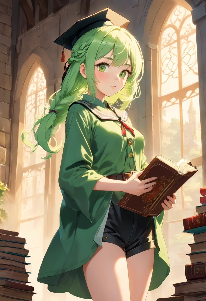 masterpiece, ultra detailed, 8k portrait, RAW photo, portrait photography, highly detailed face, beautiful and meticulous eyes, ((Fantasy)), Young beautiful, 22 years old, (((drooping eyes))), dynamic pose, (((Medium wavy light green hair))), ((braided twin tail)), parted bangs, White skin color, Luxury, (((black mortarboard cap))), (((white silk long cloak))) fluttering in the wind, (((many buttons Shirt dress))), (((shorts))), high cut leather boots, ((holding magic book)), Midday Sun, hyper realistic, Body model, Small breasts, Beautiful breasts, Long legs, in the castle, Ambient lighting, Shadow details , Camera focus on thigh, strong breeze, Light fog