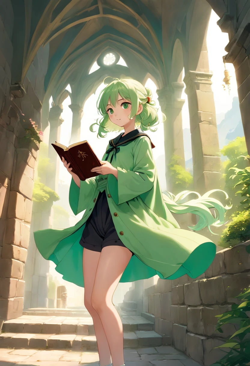 masterpiece, ultra detailed, 8k portrait, RAW photo, portrait photography, highly detailed face, beautiful and meticulous eyes, ((Fantasy)), Young beautiful, 22 years old, (((drooping eyes))), dynamic pose, (((Medium wavy light green hair))), ((braided twin tail)), parted bangs, White skin color, Luxury, (((black mortarboard cap))), (((white silk long cloak))) fluttering in the wind, (((many buttons Shirt dress))), (((shorts))), high cut leather boots, ((holding magic book)), Midday Sun, hyper realistic, Body model, Small breasts, Beautiful breasts, Long legs, in the castle, Ambient lighting, Shadow details , Camera focus on thigh, strong breeze, Light fog