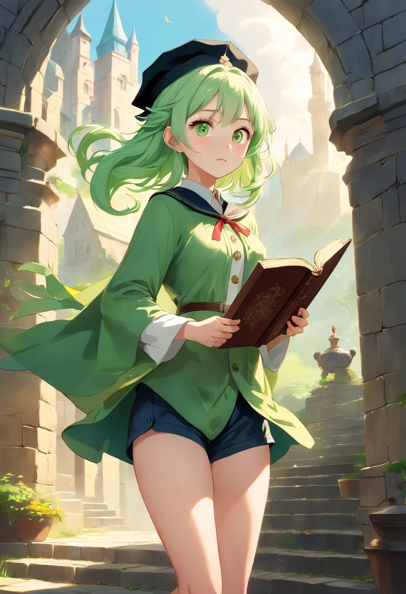 masterpiece, ultra detailed, 8k portrait, RAW photo, portrait photography, highly detailed face, beautiful and meticulous eyes, ((Fantasy)), Young beautiful, 22 years old, (((drooping eyes))), dynamic pose, (((Medium wavy light green hair))), ((braided twin tail)), parted bangs, White skin color, Luxury, (((black mortarboard cap))), (((white silk long cloak))) fluttering in the wind, (((many buttons Shirt dress))), (((shorts))), high cut leather boots, ((holding magic book)), Midday Sun, hyper realistic, Body model, Small breasts, Beautiful breasts, Long legs, in the castle, Ambient lighting, Shadow details , Camera focus on thigh, strong breeze, Light fog
