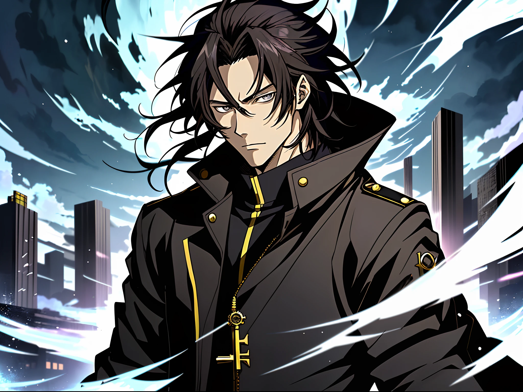 Anime man in a black coat,nigth， Black eyes，Black clouds, Anime handsome man, Anime portrait of a handsome man, Anime concept HD, Key anime art, male anime character