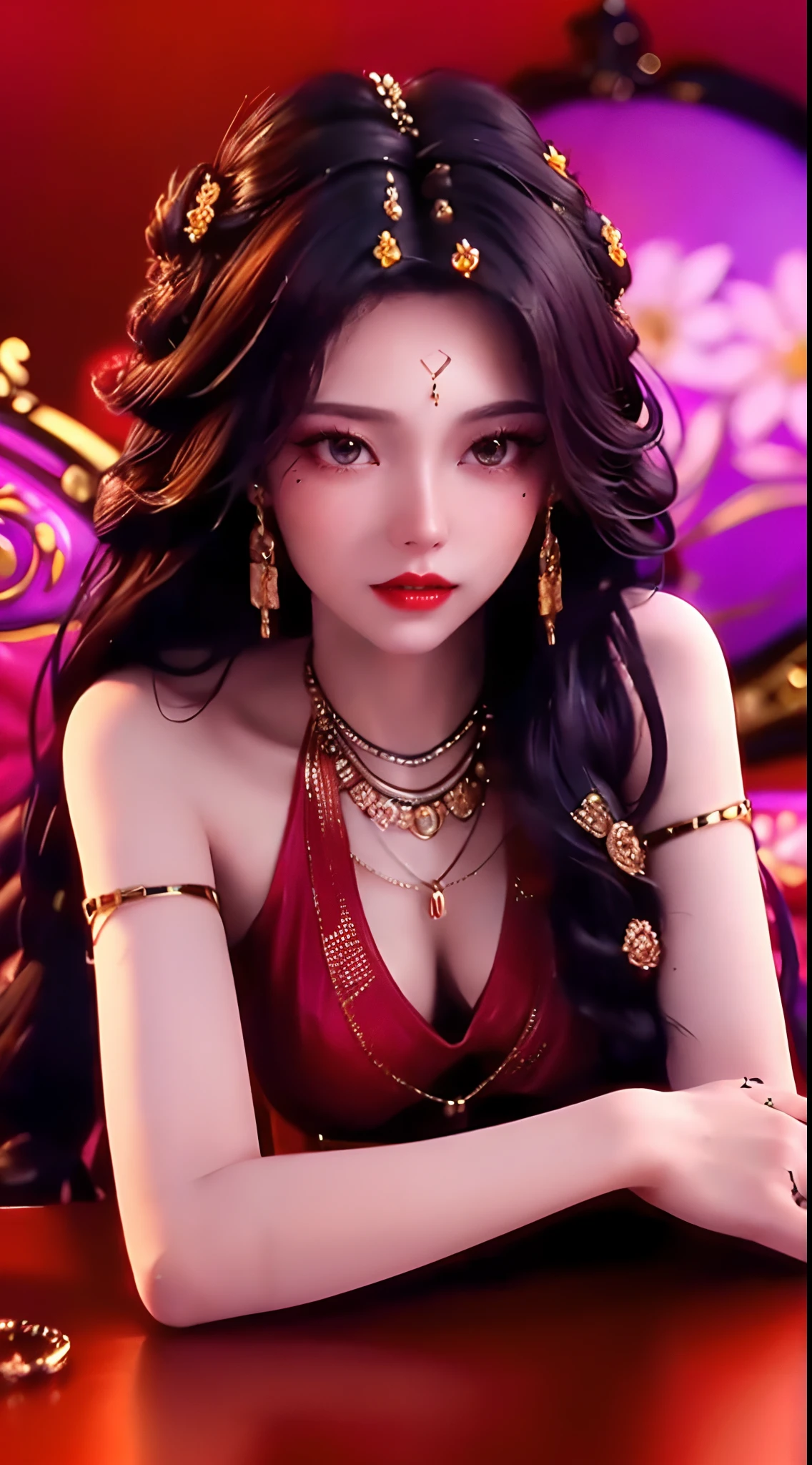 1 beautiful and  20 year old girl, adult, ((wearing super thin red dress:1.6)), diamond dress, ((long purple black hair:1.6)), bangs, elaborate jewelry made of gems and beautiful hair, ((wearing black lace necklace:1.4))), noble style of an extremely beautiful girl, super cute small face, very pretty face, eyebrows sparse, flawless beautiful face, ((black eye pupils: 0.8)), ((very beautiful black eyes: 1.6)), beautiful makeup and detailed hairdo, eyelashes, wet eye makeup , high nose, earrings, red lips, ((closed mouth: 1.5 )) beautiful lips, slim hands, rosy face, clean face, flawless beautiful face, smooth white skin, (: 1.5)), (( augmentation: 1.6)), beautiful , ( ((big and super round : 1.8))), ((super firm : 1.7)), beautiful , perfect body, (((pose sitting, reclining with arms behind: 1.5))), (( out: 1.5)), don't be shy, 8k photo, super high quality, super realistic, super 10x pixels, optical, bright studio, light edge, two-tone light, (high detail skin:1.2), super 8k, soft light, high quality, volumetric light, optical, high optical resolution, light, photo most beautiful, 4k, 8k quality, blur effect, smooth sharpness, 10 x pixels, ((flower red background:1.5)), aurora, lightning, super realistic graphics, most realistic graphics , alone, solo, Extremely sharp, surreal image, (((frontal portrait: 1.4)))."