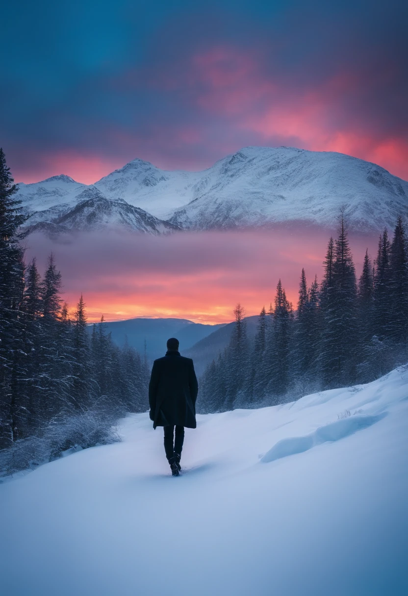 add a back ground with mountains with snow and a skinny half naked man freezing