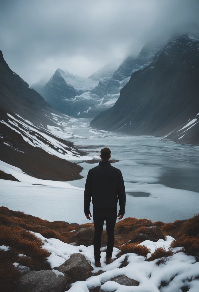 add a back ground with mountains with snow and a skinny half naked man freezing