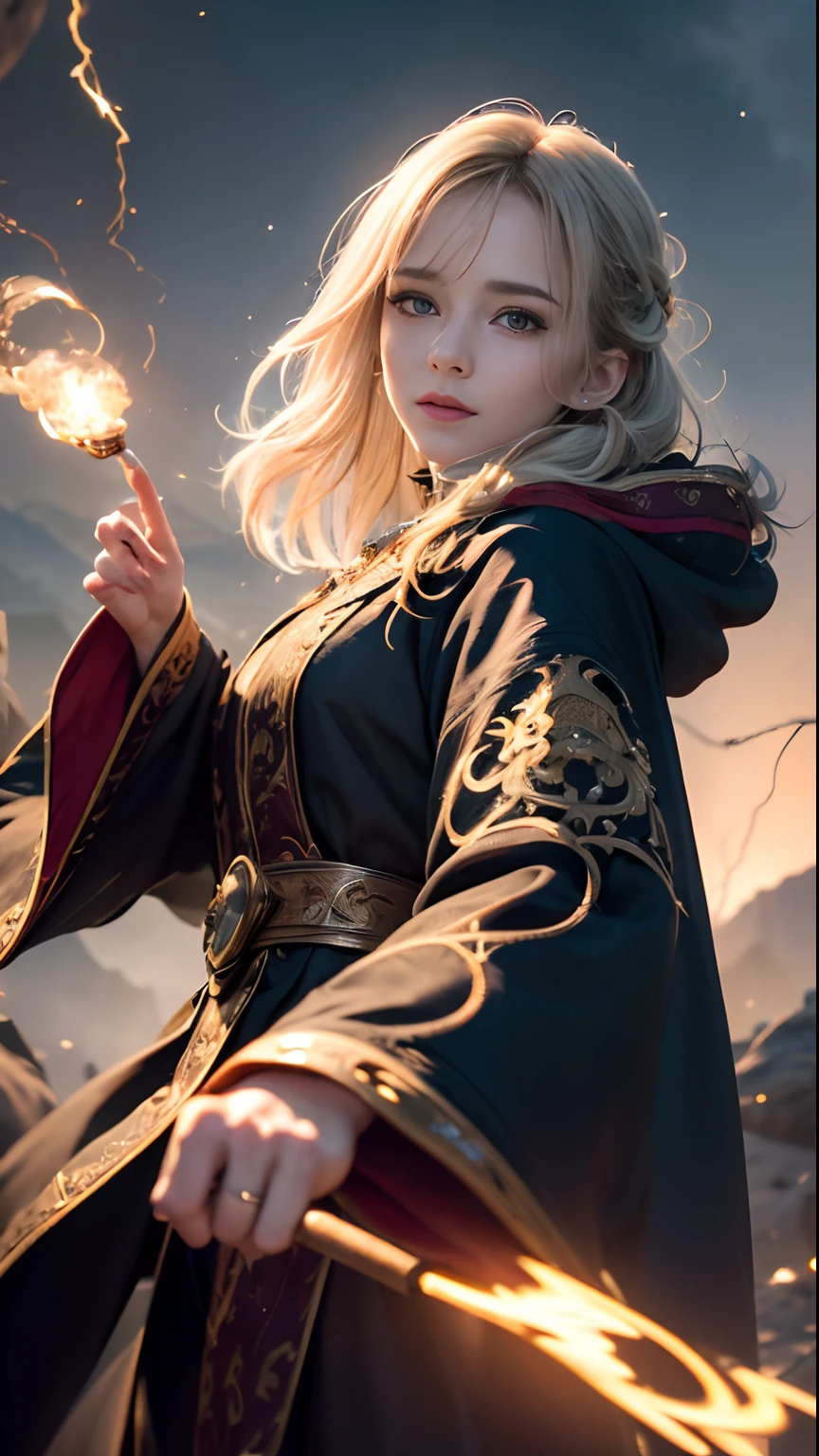 (skindentation:1.5), Realistic, Photorealistic, (masterpiece:1.5), concept art, intricate details, highly detailed, photorealistic, octane render, 8k, unreal engine, dynamic pose, best quality, highres, (realistic face:1.1), (hyperrealistic:1.1), ((full_body)), perfect eyes,(shiny skin:1.2), (((hairstyle))), (((perfect hands))), (extremely detailed background), ((dynamic background)), ((lightning)), (light rays), ((1girl)), wearing cloak, (((flowing cloak))), ((detailed eyes, high quality eyes, high quality face)), (extremely intricate robes, magical robes), short hair, casting lightning, electricity, swirling fire, radiating power, sparks, smoke, magic, ((dramatic)), epic, battlefield, depth of field, bokeh, 4k, gothic, ember, particles,