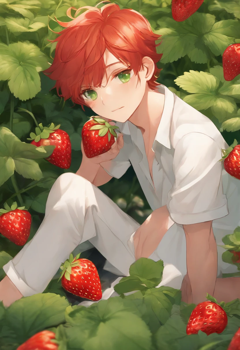 Best Quality, 超A high resolution, 1 boy, Red hair, Green eyes, short and thin body, Wearing a white shirt and shorts, ((shy expression)), Strawberry field