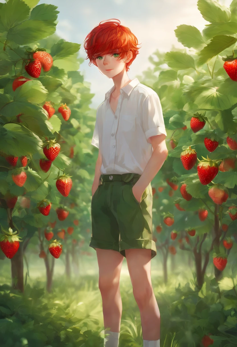 Best Quality, 超A high resolution, 1 boy, Red hair, Green eyes, short and thin body, Wearing a white shirt and shorts, ((shy expression)), Strawberry field