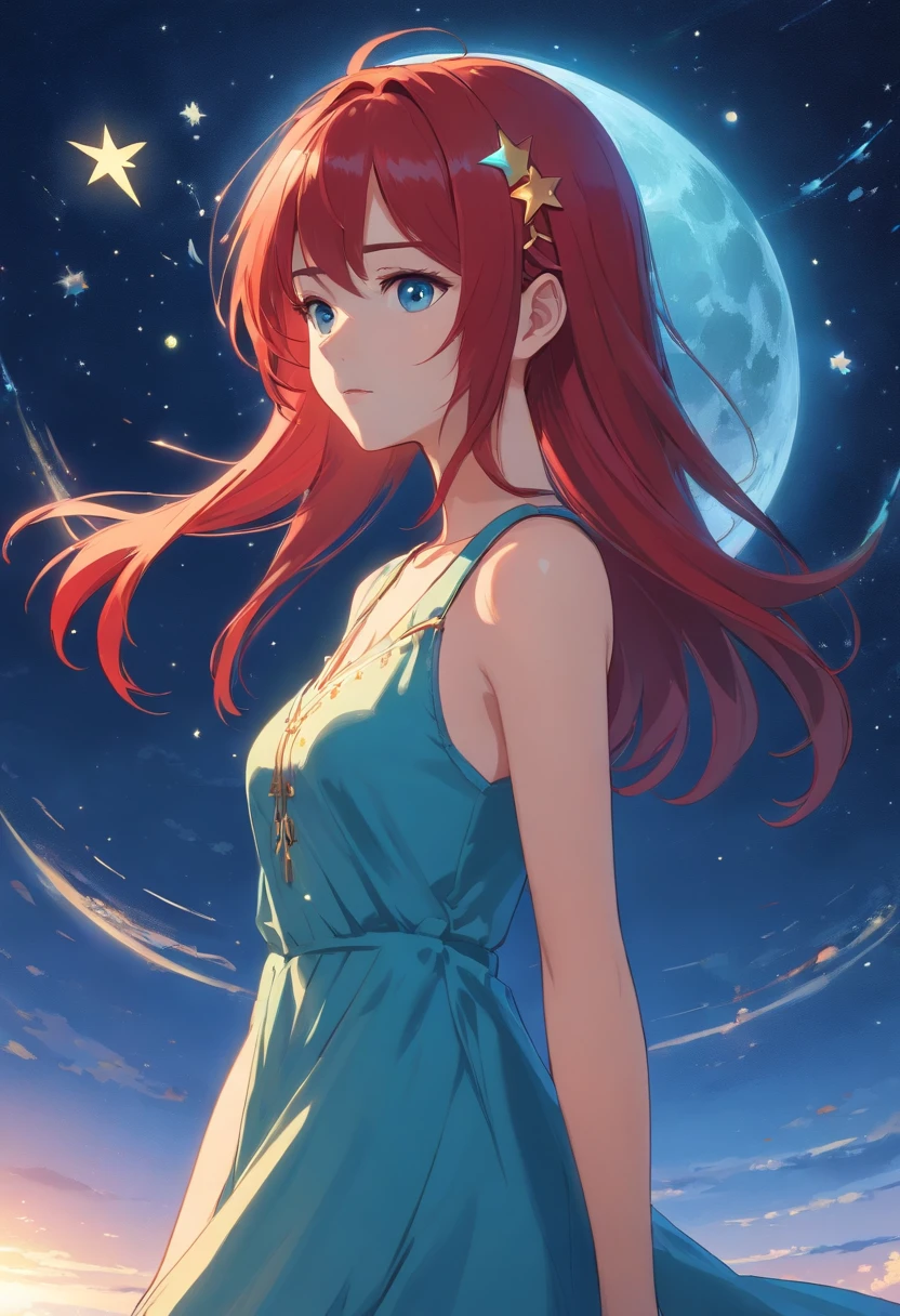 1 girl, red long hair, On the hair is a hairpin of the moon and stars, Cyan eyes, On the face is the sign of the moon and 2 stars, blue dress and blue shoes, On the neck is a pendant in the form of a star