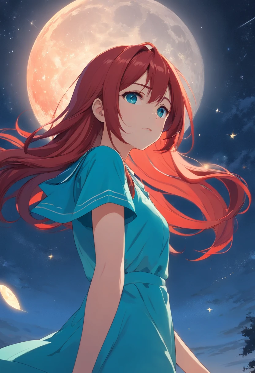 1 girl, red long hair, On the hair is a hairpin of the moon and stars, Cyan eyes, On the face is the sign of the moon and 2 stars, blue dress and blue shoes, On the neck is a pendant in the form of a star