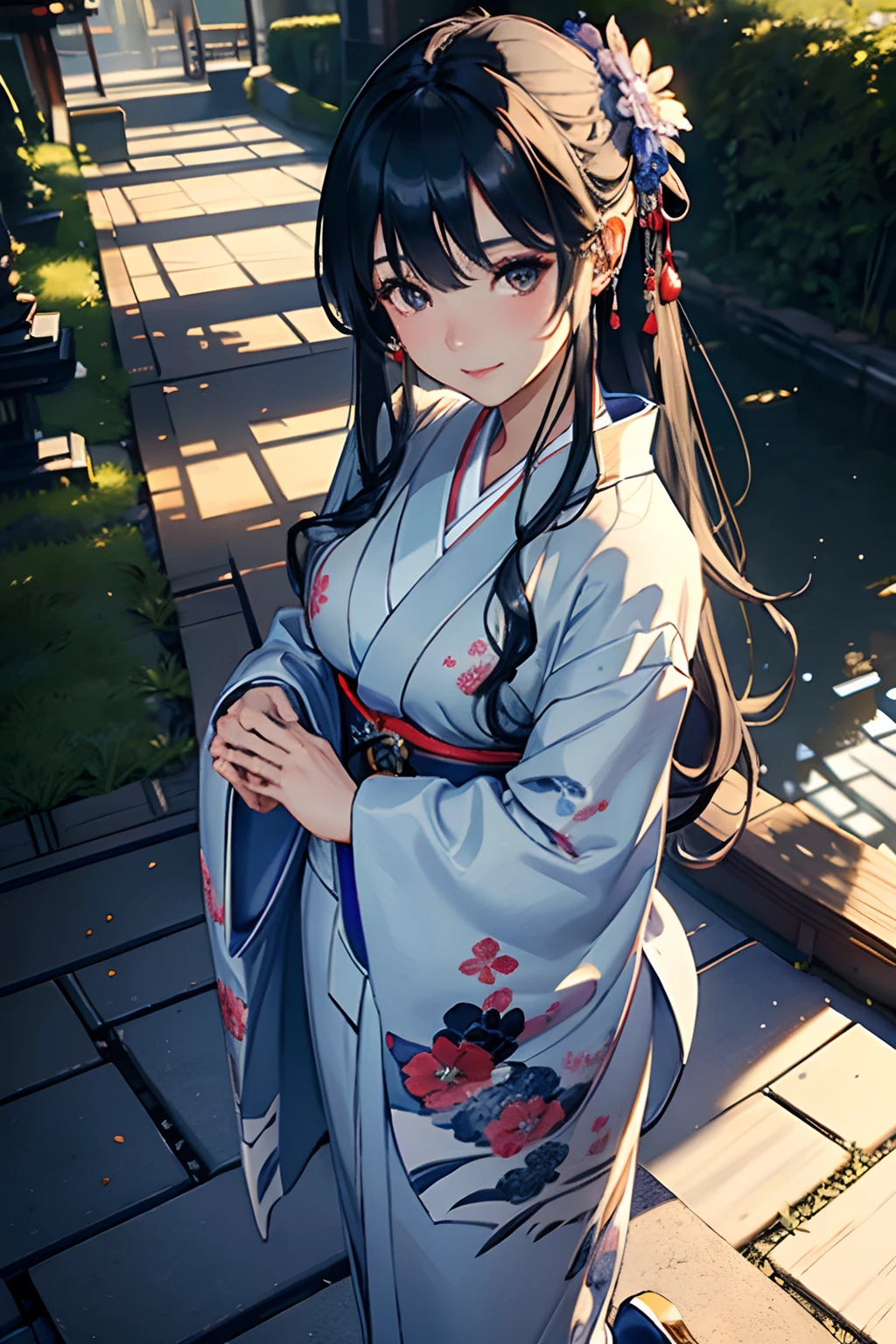 masterpiece, top-quality, Detailed details, Detailed landscapes, A detailed face、beatiful lights, Beautiful Shadows, Neat and clean woman,Standing、 28 year old、japanes, A smile、,eye liner,Long hair、(silber hair)、((long kimono))、((Hide up to your heels))、(Feet are hidden by kimono)、(Indigo kimono)、with floral pattern、Accurate kimono modeling、Detailed kimono texture、(Wearing clogs)、detailed skin textures, Tyndall effect,