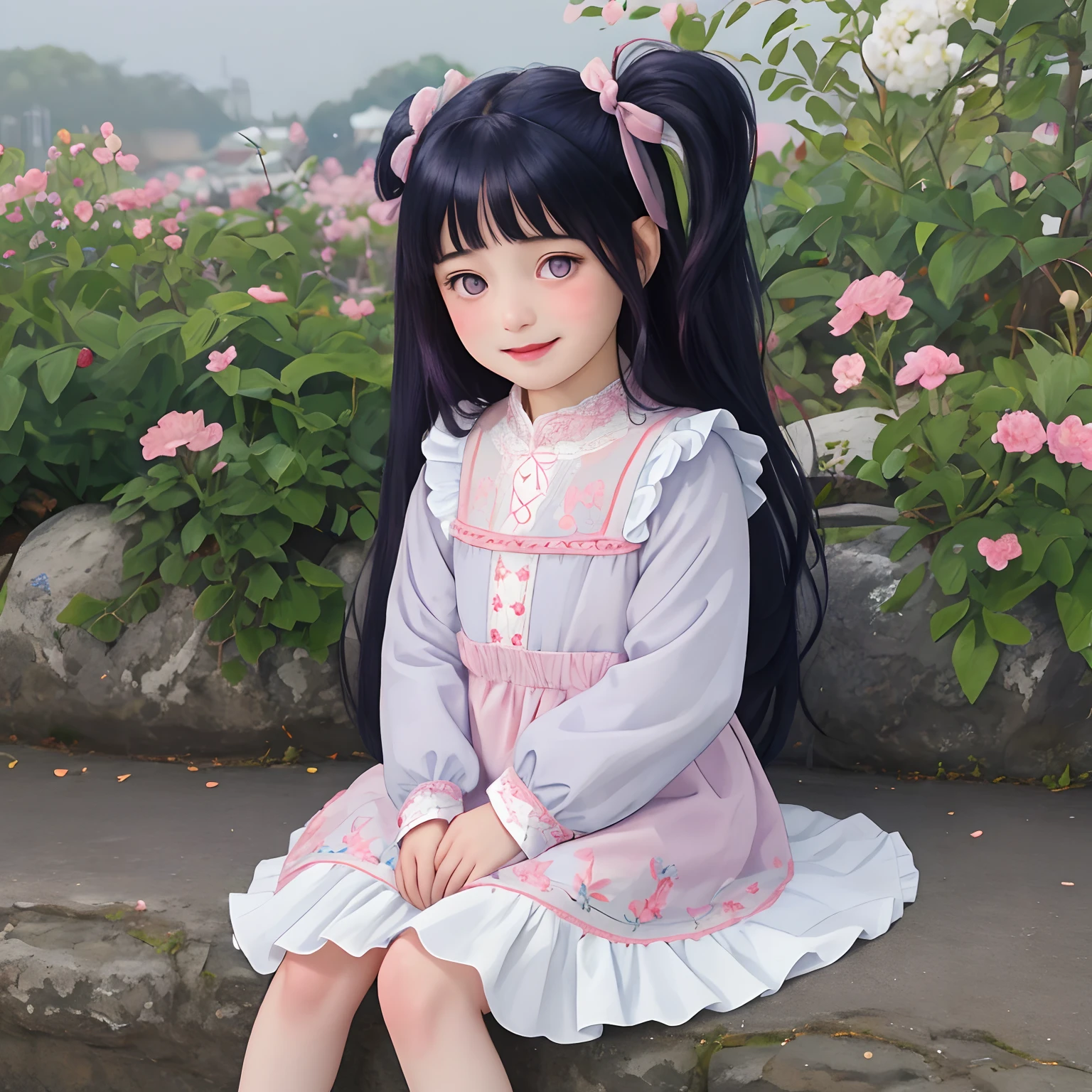 srs masterpiece best quality ultra-detailed finely detail highres ((little female child)) two side up long dark blue hair pink ribbon white dress lace-trimmed embroidery long sleeves blush embarrassed smile purple eyes sitting on side english floral garden, Blunt Bangs