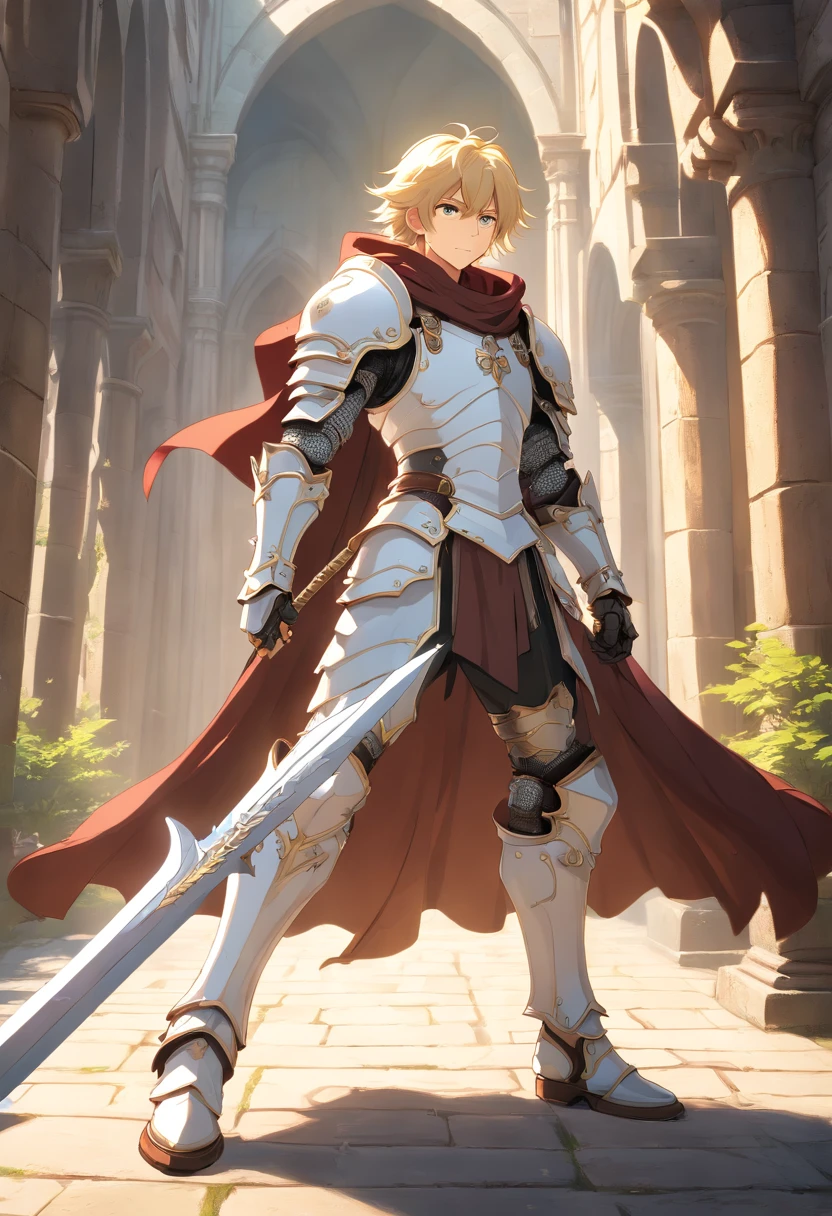 (((((male))))), masterpiece, ultra detailed, 8K Portrait, Raw photo, man's portrait photography, Highly detailed face, beautiful and meticulous eyes, ((Fantasy)), 35 years old (((man))), (((Male body))), elf, 190 cm, tall, Glasses, ((Blonde)) Ponytail Short Comb Back Hair, Kind face, Smile, adventurer, Hooded (((Dark brown silk long cloak))) Fluttering in the wind, (((Male White Plate Armor))), Leather boots, Holding a long magic sword, Midday Sun, Hyper realistic, Strong body, Long legs, in a castle, Ambient lighting, Shadow details , Camera focus on face, strong breeze, Light fog