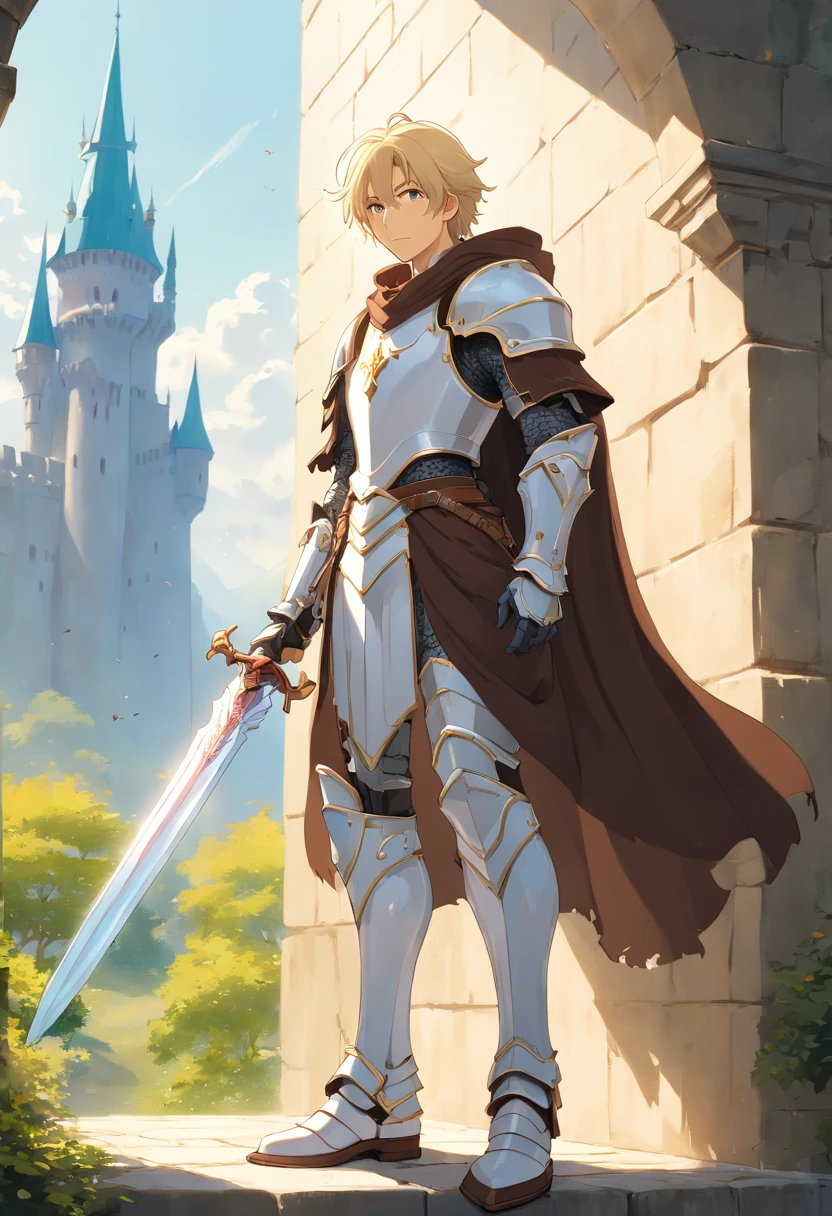 (((((male))))), masterpiece, ultra detailed, 8K Portrait, Raw photo, man's portrait photography, Highly detailed face, beautiful and meticulous eyes, ((Fantasy)), 35 years old (((man))), (((Male body))), elf, 190 cm, tall, Glasses, ((Blonde)) Ponytail Short Comb Back Hair, Kind face, Smile, adventurer, Hooded (((Dark brown silk long cloak))) Fluttering in the wind, (((Male White Plate Armor))), Leather boots, Holding a long magic sword, Midday Sun, Hyper realistic, Strong body, Long legs, in a castle, Ambient lighting, Shadow details , Camera focus on face, strong breeze, Light fog