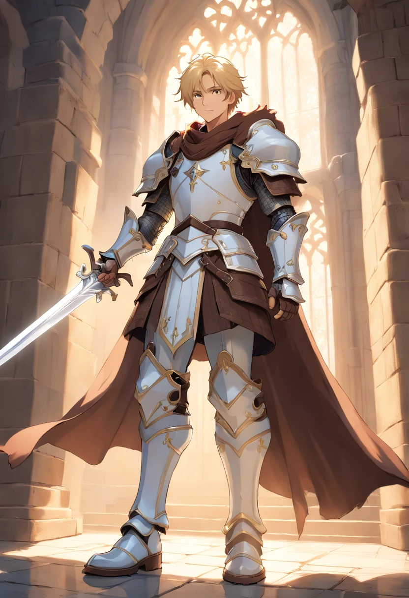 (((((male))))), masterpiece, ultra detailed, 8K Portrait, Raw photo, man's portrait photography, Highly detailed face, beautiful and meticulous eyes, ((Fantasy)), 35 years old (((man))), (((Male body))), elf, 190 cm, tall, Glasses, ((Blonde)) Ponytail Short Comb Back Hair, Kind face, Smile, adventurer, Hooded (((Dark brown silk long cloak))) Fluttering in the wind, (((Male White Plate Armor))), Leather boots, Holding a long magic sword, Midday Sun, Hyper realistic, Strong body, Long legs, in a castle, Ambient lighting, Shadow details , Camera focus on face, strong breeze, Light fog