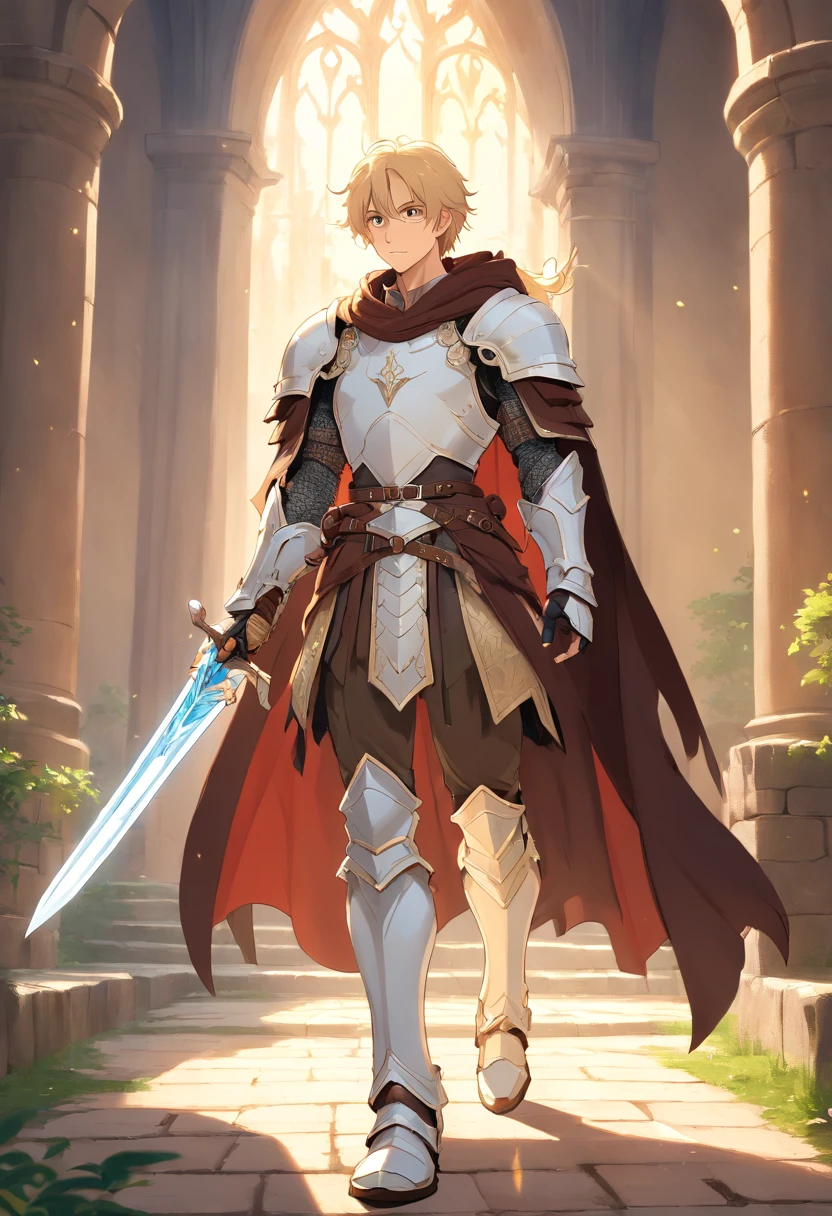 (((((male))))), masterpiece, ultra detailed, 8K Portrait, Raw photo, man's portrait photography, Highly detailed face, beautiful and meticulous eyes, ((Fantasy)), 35 years old (((man))), (((Male body))), elf, 190 cm, tall, Glasses, ((Blonde)) Ponytail Short Comb Back Hair, Kind face, Smile, adventurer, Hooded (((Dark brown silk long cloak))) Fluttering in the wind, (((Male White Plate Armor))), Leather boots, Holding a long magic sword, Midday Sun, Hyper realistic, Strong body, Long legs, in a castle, Ambient lighting, Shadow details , Camera focus on face, strong breeze, Light fog