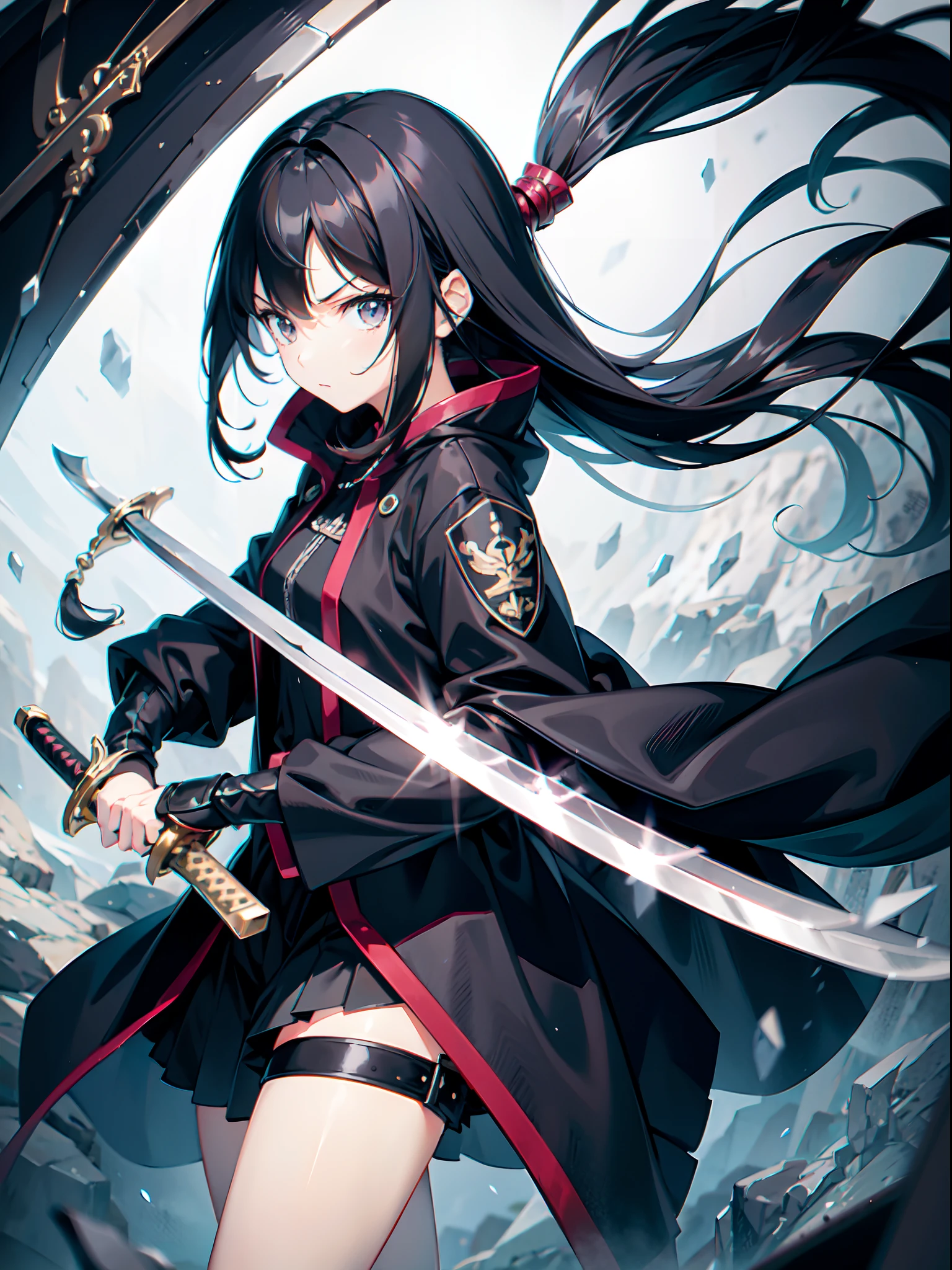 masutepiece, Best Quality, 1 girl, , Black hair, Long hair, Black coat, Sword, Swinging a sword, Serious expression, Ultra Detail, delicate illustration,