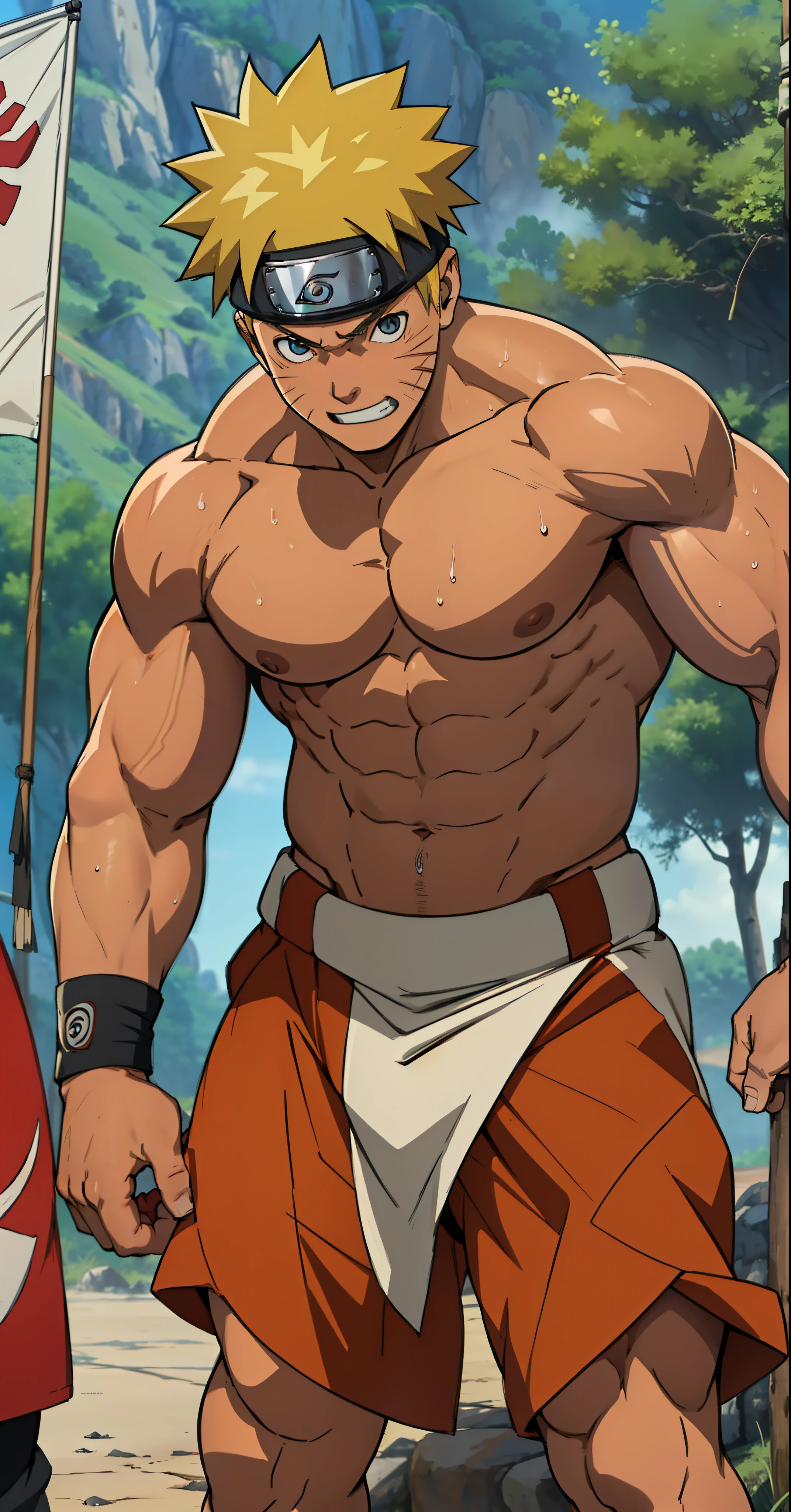 (Full body) (photo subject: Close-up of muscular thigh muscles ) (photo angle from bottom up)(Drawings of Naruto anime) (photo angle from the ground upwards) [Anime photo][highest quality photo][4k,HD photo quality]  wear tight loincloths (muscular thigh muscles, firm thigh muscles, muscular thigh muscles, sinewy thigh muscles, giant thigh muscles, strong leg muscles, muscular hamstring leg muscles) ,Uzumaki Naruto fun, happy,bodybuilder,bodybuilding, standing, red skin,reddish brown skin, lots of sweat flowing down, topless, shirtless, hot sunny, (do not wear banners,do not wear headbands)