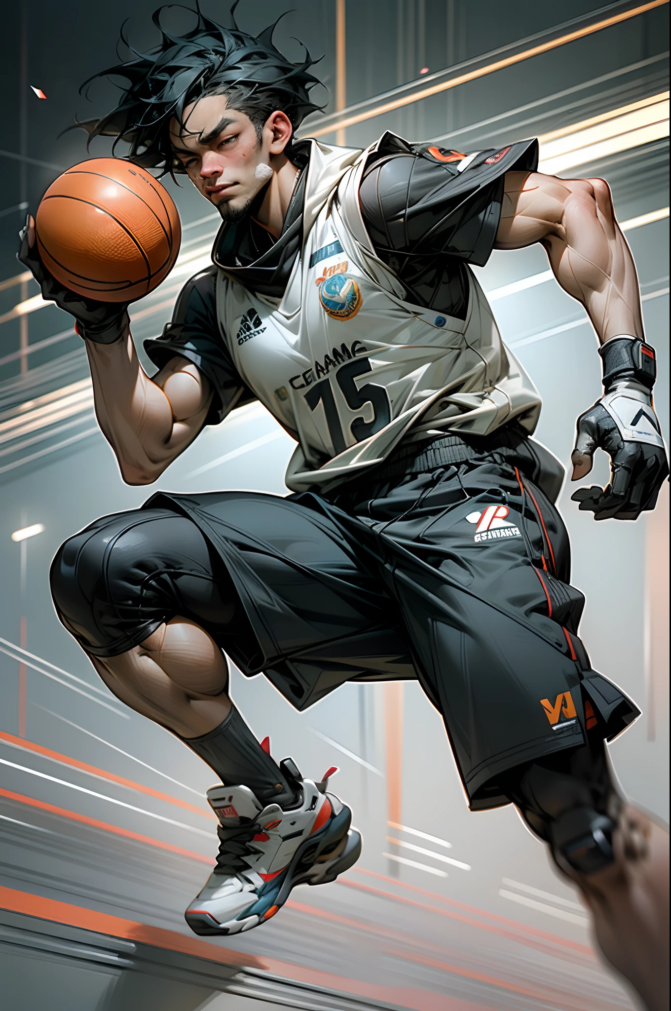 35mm camera lens，cool guy，athlete，basketball ball，Shooting，Jump up，detailedbackground，Asian Games，True skin texture，Smudge，Accurate facial features，dynamic blur，super-fine，ultra - detailed，high qulity，8K ，oc rendered，dynamic viewing angle，Hyper Real，Ultra photo realsisim