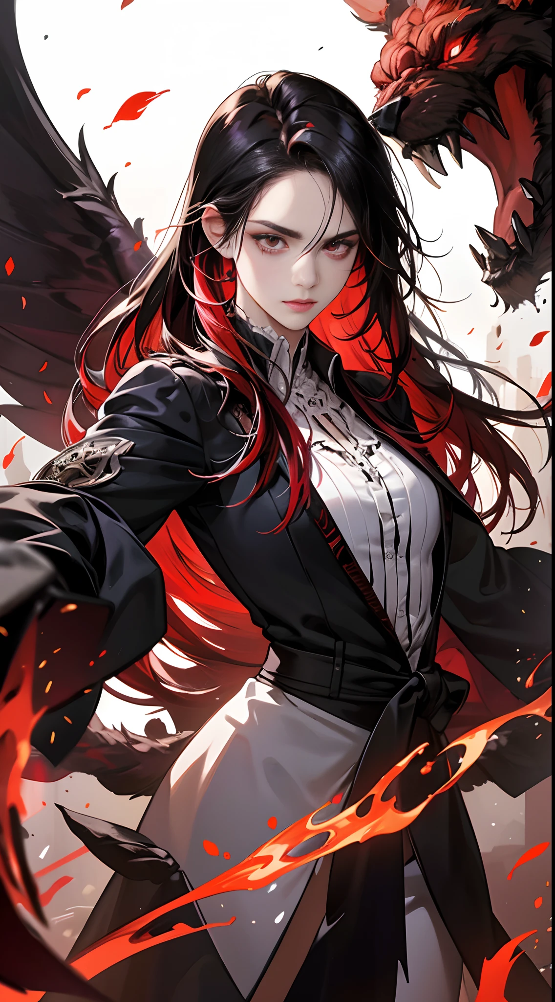 (Best Quality,4K,High resolution), 18yo woman, Red mesh hair on black hair, Long hair, Straight hair, , Comical appearance,(Best Quality,4K,High resolution), 18yo woman, Red highlights on black hair, Long hair, Straight hair, Transforming Woman,An abnormal,Cold eyes ,sharp eye,distressed look,Red glowing eyes,Facial expression enhancement,,Changing the Appearance of a Transform,beast,Beastification,Evil Fight,buttle,Delicate illustrations drawn in detail,Torn clothes with decoration,Disheveled clothes,Realistic portrayal,Vibrant colors,expresive,Classic background
