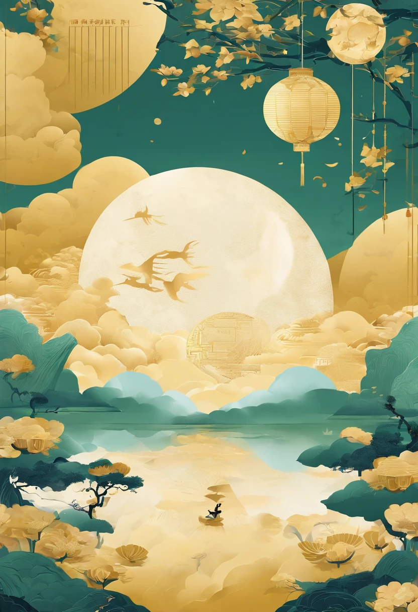 Chinese Mid-Autumn Festival,Chang'e Flight to the Moon,Jade Rabbit,Moon,Morandi Gold color scheme,Flat colors,hand painted details Simple shapes,minimalism,poster art,large canvas format --or 3:4