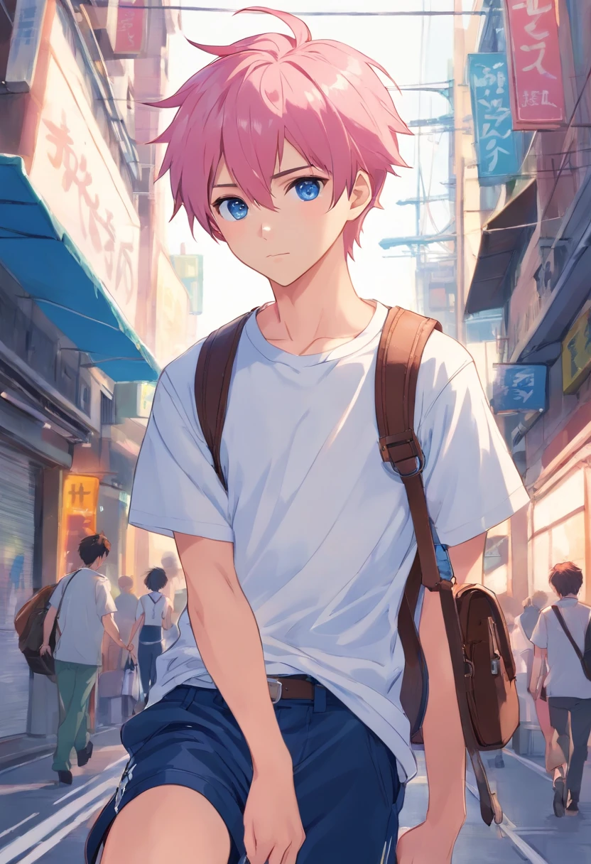 Very handsome men, short pink hair with spiky, , blue eyes, dressed in a white t-shirt, Dark Blue Buggy Pants, Leather handbags,