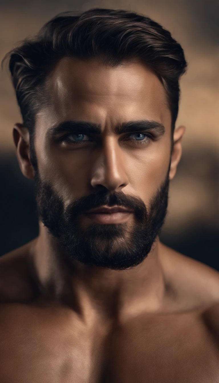 (La mejor calidad,8k,realista),Hombre guapo,con abundante barba,machista,ojos azules,brown hair,good muscles,no camisa