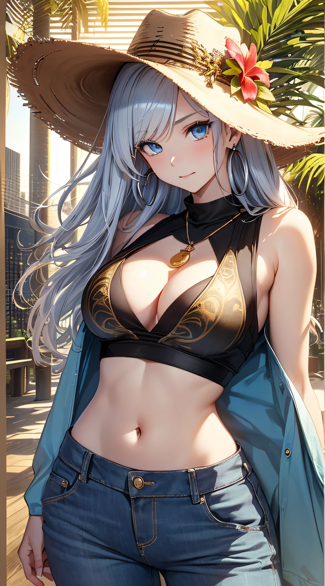 top-quality、Top image quality、​masterpiece、girl with((18year old、 White navel tank top、Black vest、Blue long trousers、Best Bust、Bust 85、a blond、Semi-long、Cowboy Hat、Blue eyes、open chest wide、Valley、Happiness、A slender、Shy face、Gold Earrings、Silver keychain at waist..、Seduction poses)）hiquality、Beautiful Art、Background with((Hawaii's beautiful city of sunshine))、masutepiece、Elaborate design、visualart