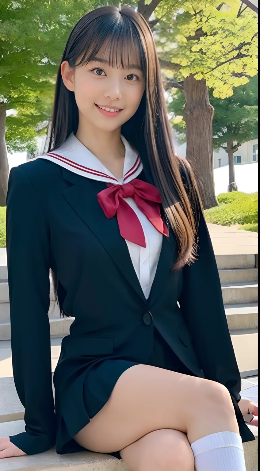 Japan school uniform, a closeup, wide angles, low angles, peitos fartos, Brown hair, looking at the viewers, portlate, 耳Nipple Ring, hi-school girl, Ultra Mini Fabric Pleated Skirt, bow ribbon, Black Suit, Red suit, a sailor suit, Posing Black Eye, unparalleled masterpiece ever, super realistic 8K, Clean and beautiful face, top-quality, 超A high resolution, Photorealsitic, ((Look at viewers)),Full body like,knee high socks,Standing,The best smile,White teeth