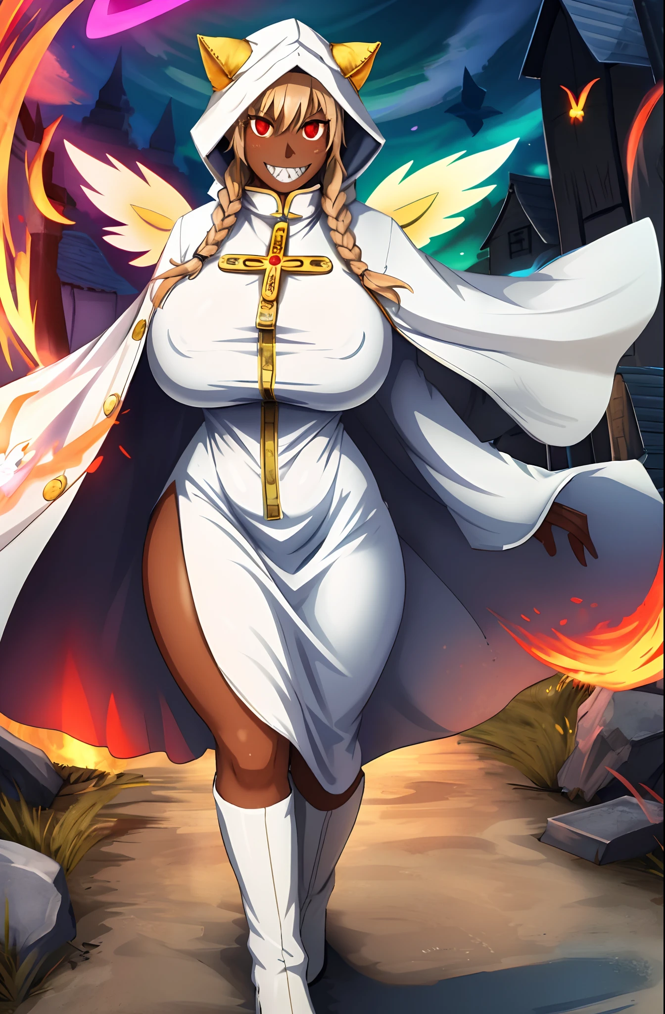 (masterpiece, best quality, high resolution, unity 8k wallpaper, extremely detailed CG:1.2), (illustration:1.0), beautiful detailed eyes, extremely detailed face, perfect lighting, cowboy shot, 1girl, taokakams, hood, animal hood, cat hood , hoodie, red eyes, grin, claws, breast, curvy, female,fantasy goddess,there is a cartoon picture of a woman with a very large breast, glowing angelic being, glowing holy aura, inspired by Luma Rouge, the non-binary deity of spring, ethereal rainbow nimbus, the butterfly goddess of fire, inspired by Marie Angel, glowing aura around her, astral fairy, as the goddess of the sun, “uwu the prismatic person, big breast, happy, beautiful eyes, , full body, walking, long robe, long dre, catgirlss, nun, priestess ,holy, smile, brown hair, cloak, vest, pullover, pants, darkskinned-female, sharpteeth, walking, boots, red eyes, long dress,panthyhose, twinbraids, full body