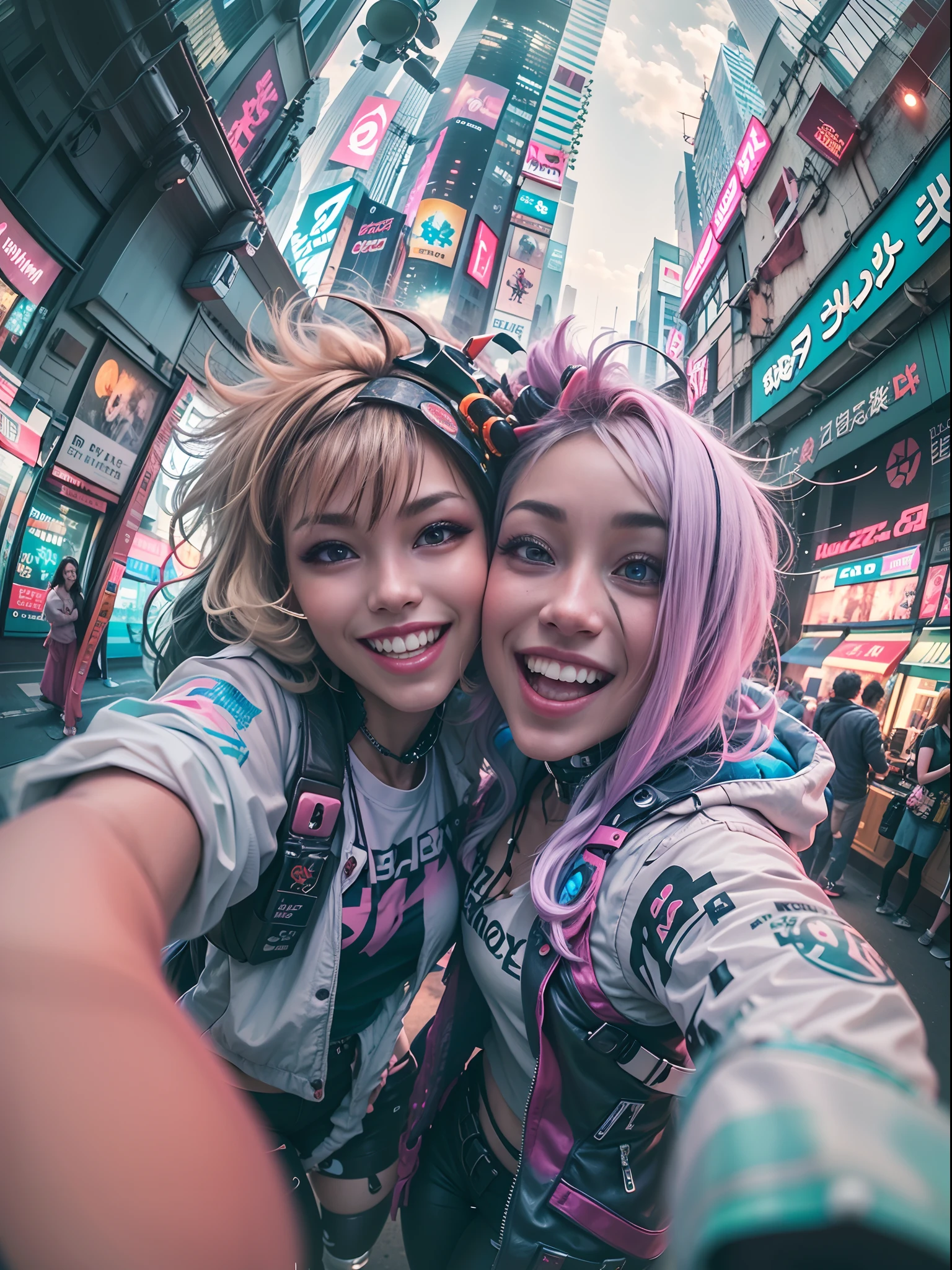 ((2 cyberpunk girls wearing Harajuku style pop outfit)), ((fisheye lens)), selfie, cowboy shot, wind, messy hair, cyberpunk cityscape, (aesthetics and atmosphere:1.2), smiling, laughing