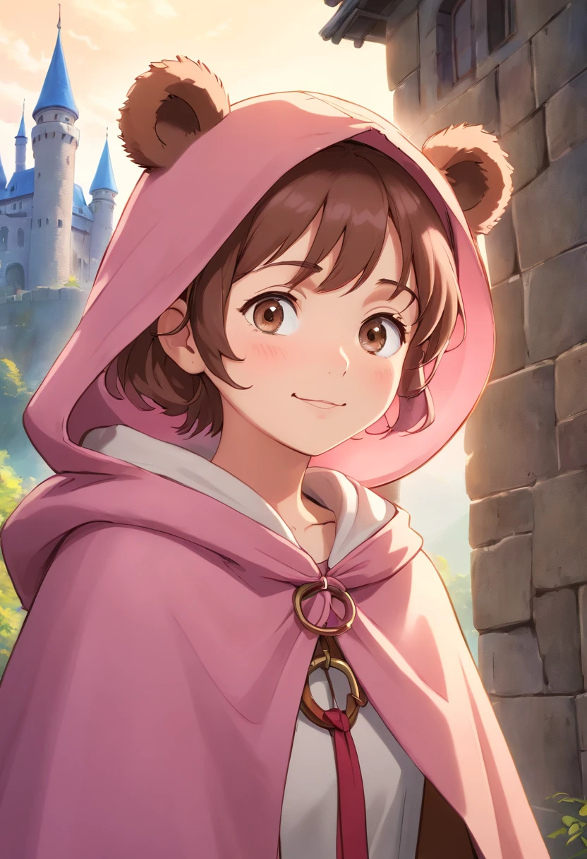 masterpiece, ultra detailed, 8K Portrait, Raw photo, a portrait photo of, Highly detailed face, beautiful and meticulous eyes, ((Fantasy)), 7 year old girl, Light brown short hair, Kind face, Cute smile, adventurer, (((Little bear child ear attached Hooded))) (((Pink-brown silk long-caped))) Fluttering in the wind, Leather boots, one side blue earring, Hold a Maple Syrup Bottle, Midday Sun, Hyper realistic, in a castle, Ambient lighting, Shadow details , strong breeze, Light fog