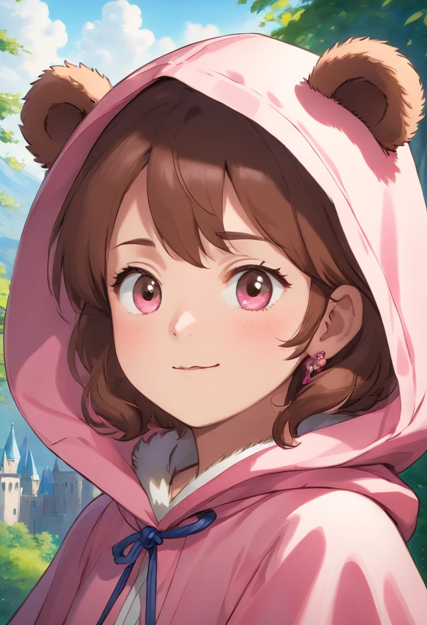 masterpiece, ultra detailed, 8K Portrait, Raw photo, a portrait photo of, Highly detailed face, beautiful and meticulous eyes, ((Fantasy)), 7 girl, Light brown short hair, Kind face, Cute smile, adventurer, (((Little bached Hooded))) (((Pink-brown silk long-caped))) Fluttering in the wind, Leather boots, one side blue earring, Hold a Maple Syrup Bottle, Midday Sun, Hyper realistic, in a castle, Ambient lighting, Shadow details , strong breeze, Light fog