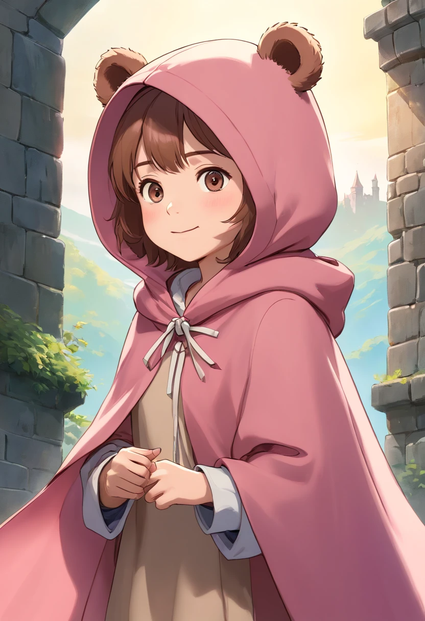 masterpiece, ultra detailed, 8K Portrait, Raw photo, a portrait photo of, Highly detailed face, beautiful and meticulous eyes, ((Fantasy)), 7 year old girl, Light brown short hair, Kind face, Cute smile, adventurer, (((Little bear child ear attached Hooded))) (((Pink-brown silk long-caped))) Fluttering in the wind, Leather boots, one side blue earring, Hold a Maple Syrup Bottle, Midday Sun, Hyper realistic, in a castle, Ambient lighting, Shadow details , strong breeze, Light fog