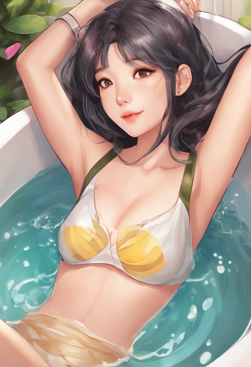 Smiling girl in cypress tub, Boldly open your legs、Lying face down in the bathtub buttocks visible Wistful eyes Glossy colored hair, 20 years old young, Asian Woman, (Realistic:1.3), (Photorealistic:1.3), Ultra-detailed, (highdetailskin:1.2), 8K UHD, Digital SLR, Soft lighting, High quality