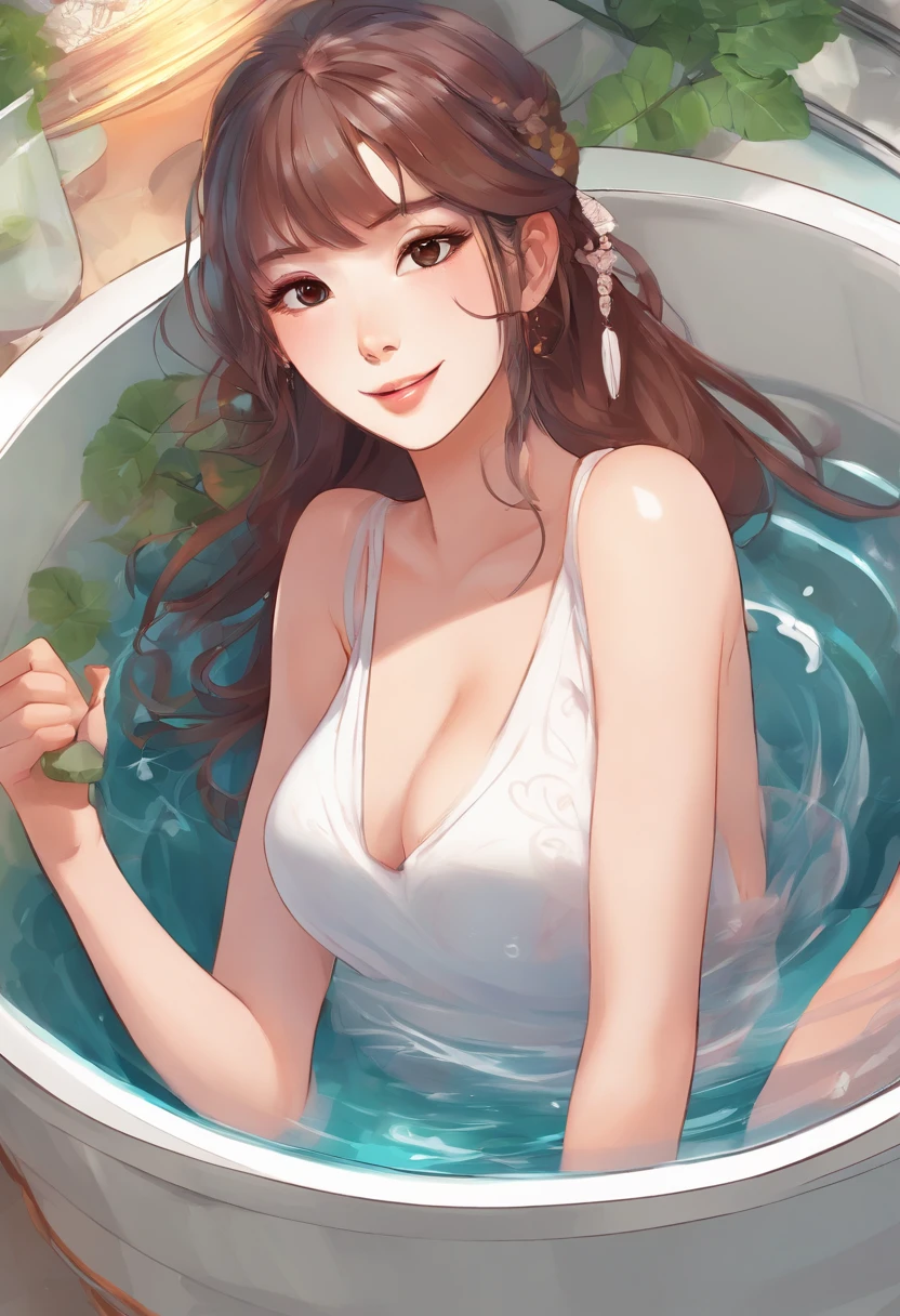 Smiling girl in cypress tub,  Boldly open your legs、Lying face down in the bathtub　buttocks visible　Wistful eyes　Glossy colored hair, 20 years old young, Asian Woman,  (Realistic:1.3), (Photorealistic:1.3), Ultra-detailed, (highdetailskin:1.2), 8K UHD, Digital SLR, Soft lighting, High quality