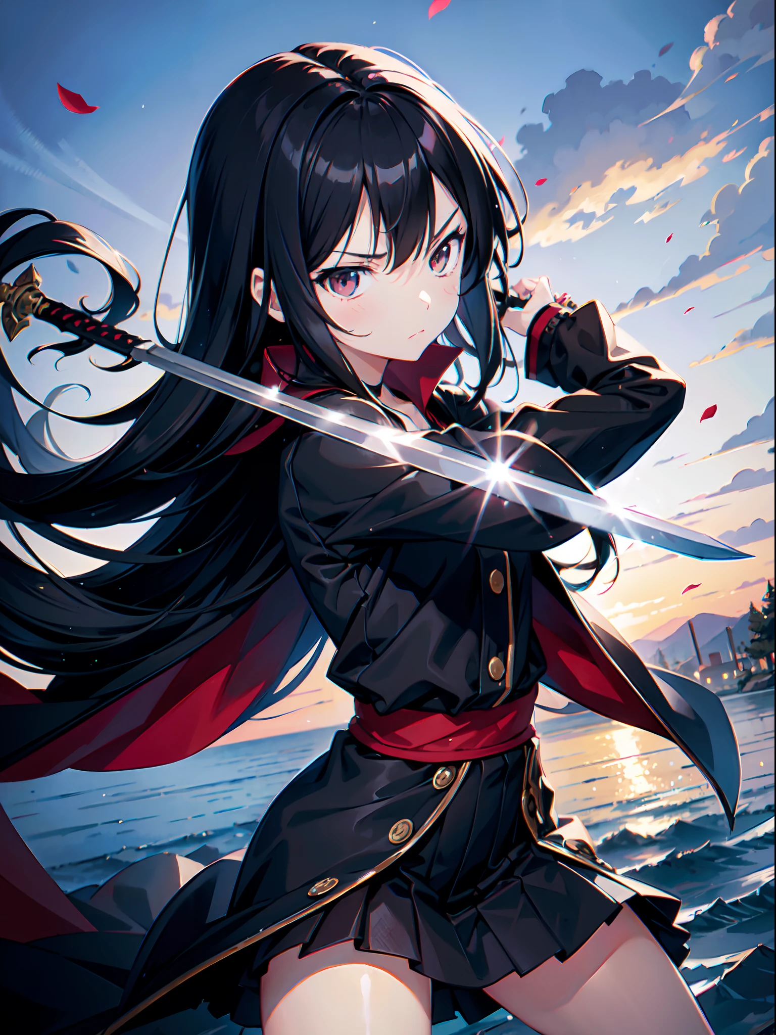 masutepiece, Best Quality, 1 girl, 10 years old, Black hair, Long hair, Black coat, Sword, Swinging a sword, Serious expression, Ultra Detail, delicate illustration,