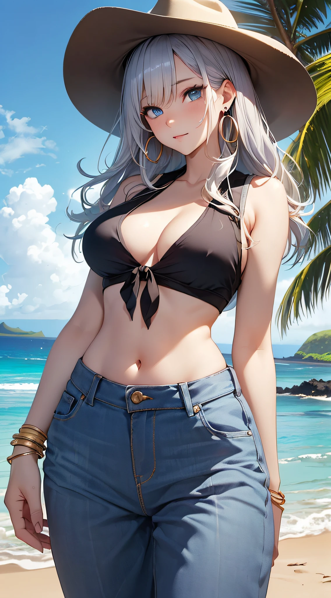 top-quality、Top image quality、masterpiece、girl with((18year old、 White navel tank top、Black vest、Blue long trousers、Best Bust、Bust 85、a blond、Semi-long、Cowboy Hat、Blue eyes、open chest wide、Valley、Happiness、A slender、Shy face、Gold Earrings、Silver keychain at waist...、Seduction poses))hiquality、Beautiful Art、Background with((Beautiful sunny beaches in Hawaii))、masutepiece、Elaborate design、visualart