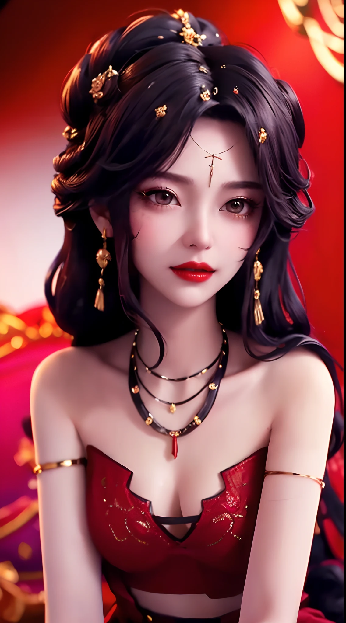1 beautiful and sexy 20 year old girl, adult, ((wearing super thin red dress:1.6)), diamond dress, ((long purple black hair:1.6)), bangs, elaborate jewelry made of gems and beautiful hair, ((wearing black lace necklace:1.4))), noble style of an extremely beautiful girl, super cute small face, very pretty face, eyebrows sparse, flawless beautiful face, ((black eye pupils: 0.8)), ((very beautiful black eyes: 1.6)), beautiful makeup and detailed hairdo, eyelashes, wet eye makeup , high nose, earrings, red lips, ((closed mouth: 1.5 )) beautiful lips, slim hands, rosy face, clean face, flawless beautiful face, smooth white skin, (perky breasts: 1.5) ), ((breast augmentation: 1.6)), beautiful cleavage, ( ((big and super round breasts: 1.8))), ((super firm breasts: 1.7)), beautiful breasts, perfect body, ((( sitting position, reclining with arms behind: 1.5))), ((chest up: 1.5)), don't be shy, 8k photo, super high quality, super realistic, super 10x pixels, optical, studio bright, light edges, two-tone lighting, (high detail skin:1.2), super 8k, soft light, high quality, volumetric lighting, optical, high optical resolution, lighting , best photo, 4k, 8k quality, blur effect, smooth sharpness, 10 x pixels, ((flower red background:1.5)), aurora, lightning, super realistic graphics, realistic graphics most real, alone, solo, Extremely sharp, surreal image, (((frontal portrait: 1.4)))."