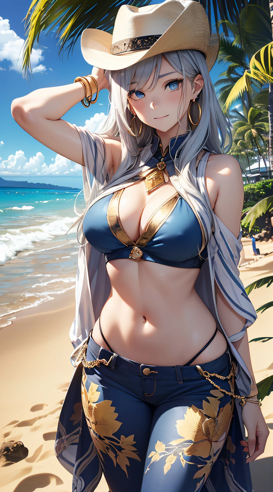 top-quality、Top image quality、​masterpiece、girl with((18year old、 White navel tank top、Black vest、Blue long trousers、Best Bust、Bust 85、a blond、Semi-long、Cowboy Hat、Blue eyes、open chest wide、Valley、Happiness、A slender、Shy face、Gold Earrings、Silver keychain at waist...、Seduction poses)）hiquality、Beautiful Art、Background with((Beautiful sunny beaches in Hawaii))、masutepiece、Elaborate design、visualart