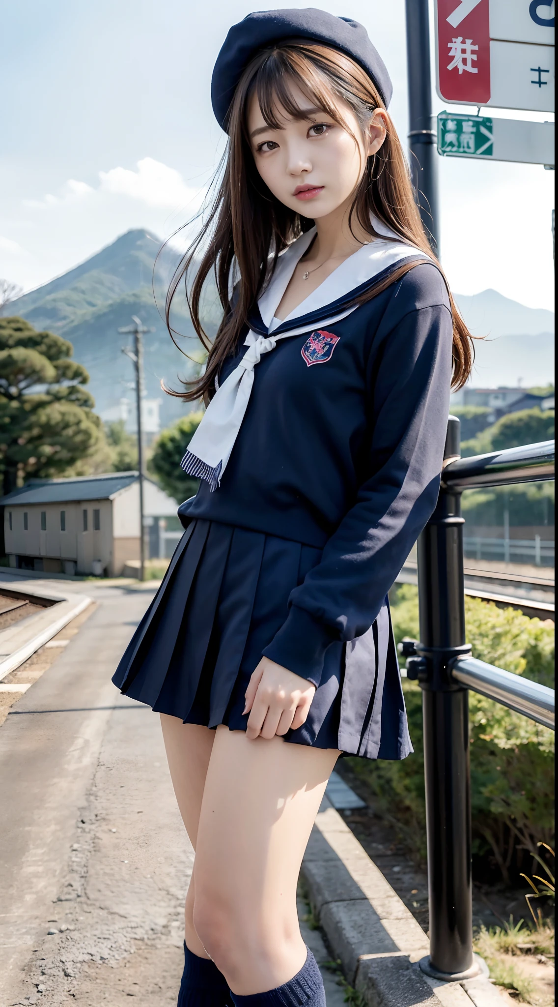 mix4, (16 K, Raw photography, Top image quality, ​masterpiece: 1.45), (realisitic, Photorealsitic: 1.37), one girls, 7．5, etc、Random hairstyle、Standing figure，Morning time slot、a very cute,countryside view,, profetional lighting, photon maping、physically-based renderingt, Gradient dark brown hair,, a handsome, Well-groomed and beautiful eyes、Large double eyelids、Very shiny、girl with, (((student clothes、Winter clothes、Sailor suit worn by Japan girl、Navy blue sailor color、scarf、a miniskirt, Small beret、high socks、lowfers))), Top Quality Photos, hight resolution, 1080p, (clearface), (Detailed face description), (Detailed hand description), (​masterpiece), (Exquisite CG)、extreme light and shadows、dishevled hair、master work、abundant detail、(Fine facial features)、(top quality photo)、(masuter piece)、(A detailed eye)、Look in front of you、Fine clavicle、((Slender big))、(((Japan schooln sailor suit)))、((Idle system))、((country、train track、railroad crossing、Mountains in the distance々))、(((neat and cute)))、耳Nipple Ring、A big smile、Drawing the whole body from the knees、Do not draw nasolabial folds、(((Cute sailor suit)))、(Big breasts that hang down big:1.2)、Big buttocks with tension、Two arms and two legs、(((from the front side:0.3)))、bare hand、No mask、